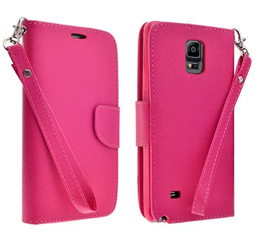 Galaxy Note 4 Case, Wrist Strap Magnetic Fold[Kickstand] Pu Leather Wallet Case with ID & Credit Card Slots for Samsung Galaxy Note 4 - Hot Pink