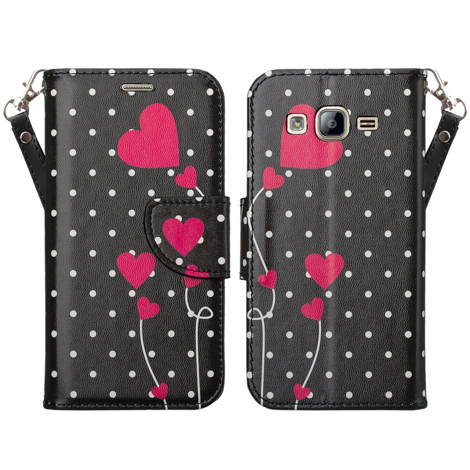 Galaxy On5 Case, Samsung Galaxy On5 Wallet Case, Wrist Strap Flip Folio[Kickstand Feature] Pu Leather Wallet Case with ID & Credit Card Slots For Galaxy On5 - Polka Dot Hearts