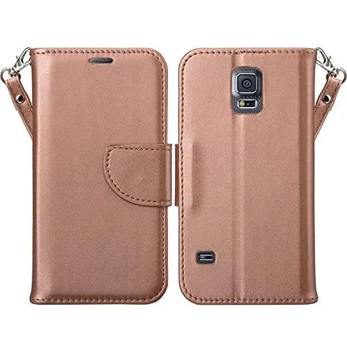 Galaxy S5 Case, Pu Leather Magnetic Fold[Kickstand] Wallet Case with ID & Card Slots for Samsung Galaxy S5 - Rose Gold