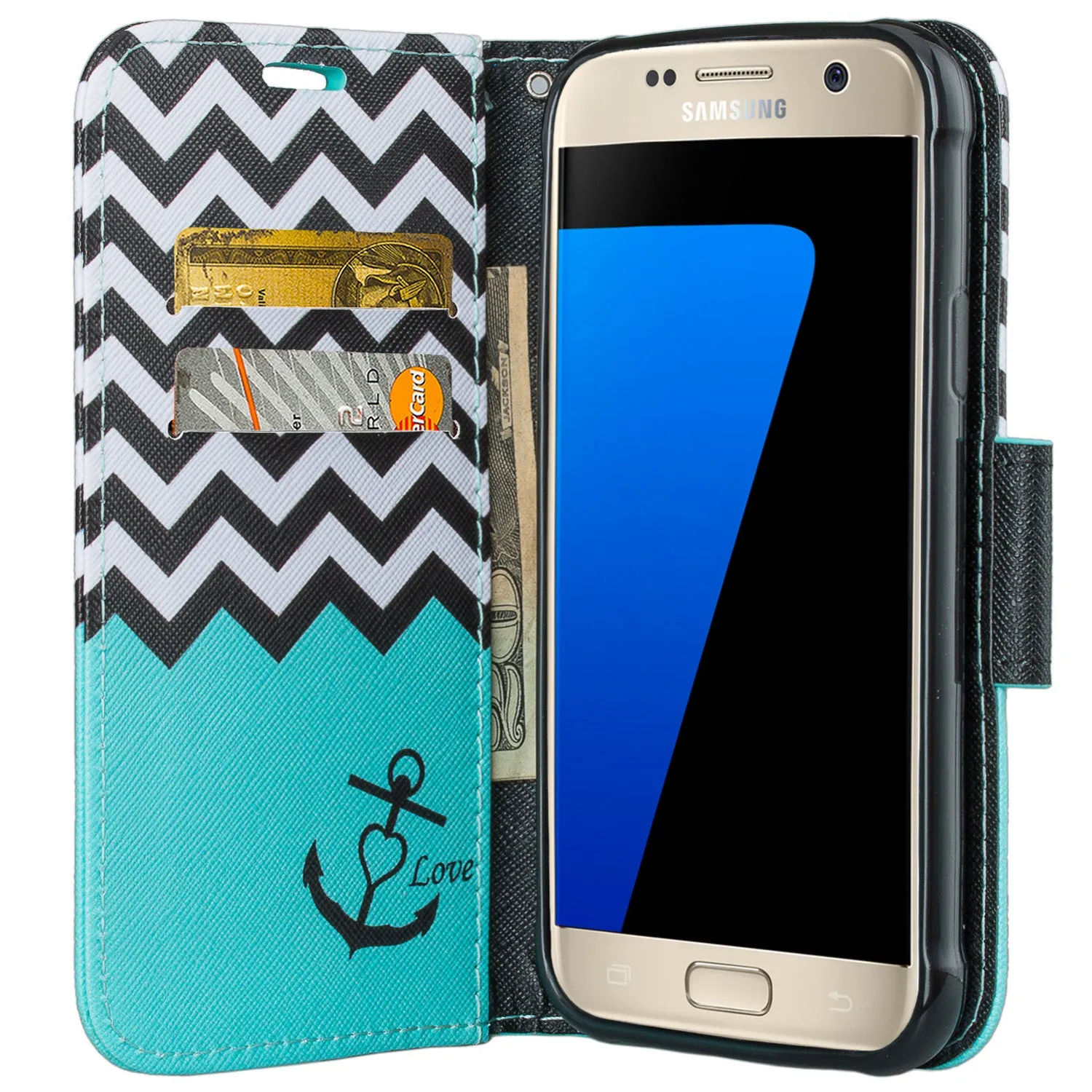 Galaxy S7 Active Case, Wrist Strap Magnetic Fold[Kickstand] Pu Leather Wallet Case with ID & Credit Card Slots for Samsung Galaxy S7 Active - Teal Anchor