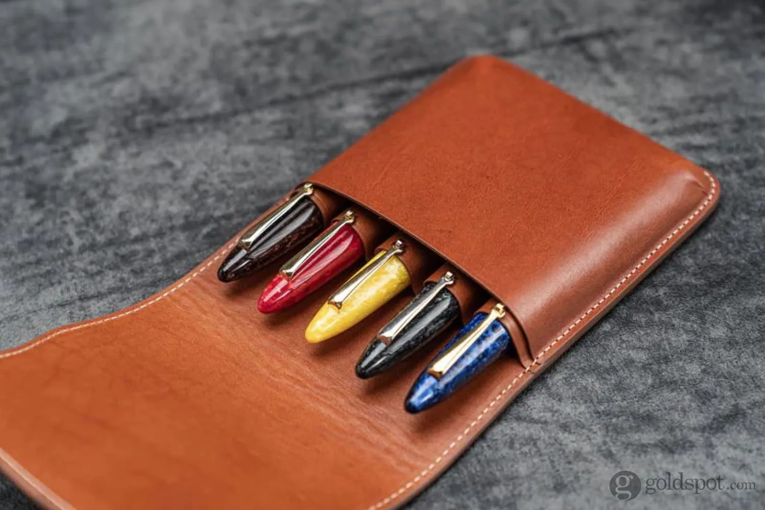 Galen Leather Five Slot Flap Pen Case in Brown