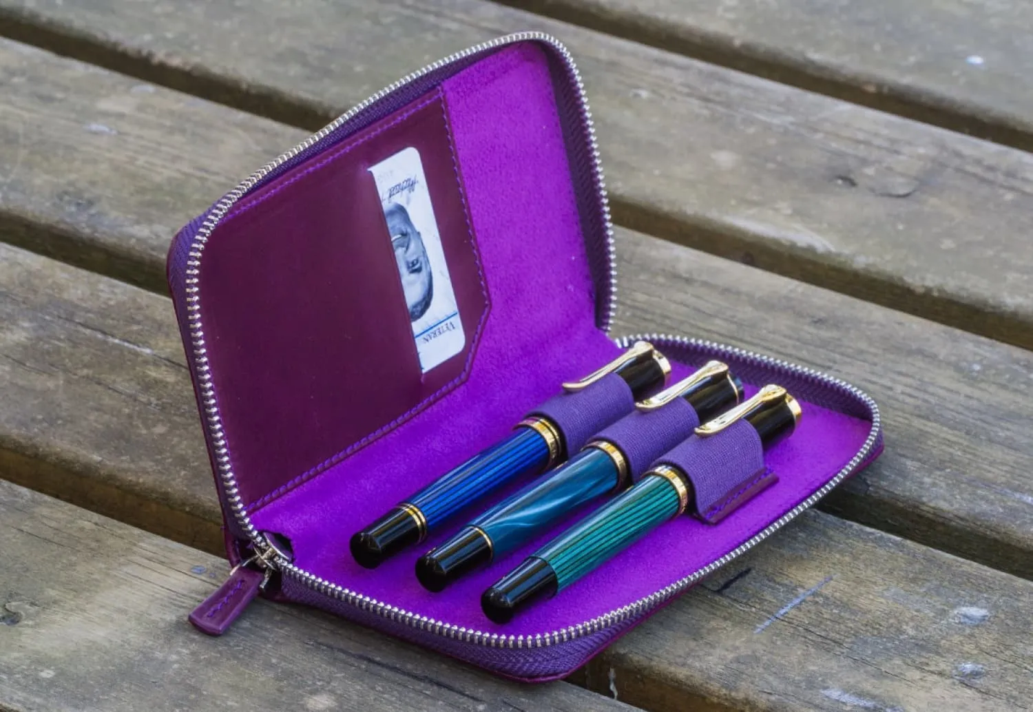 Galen Leather Zippered Three Pen Case in Purple