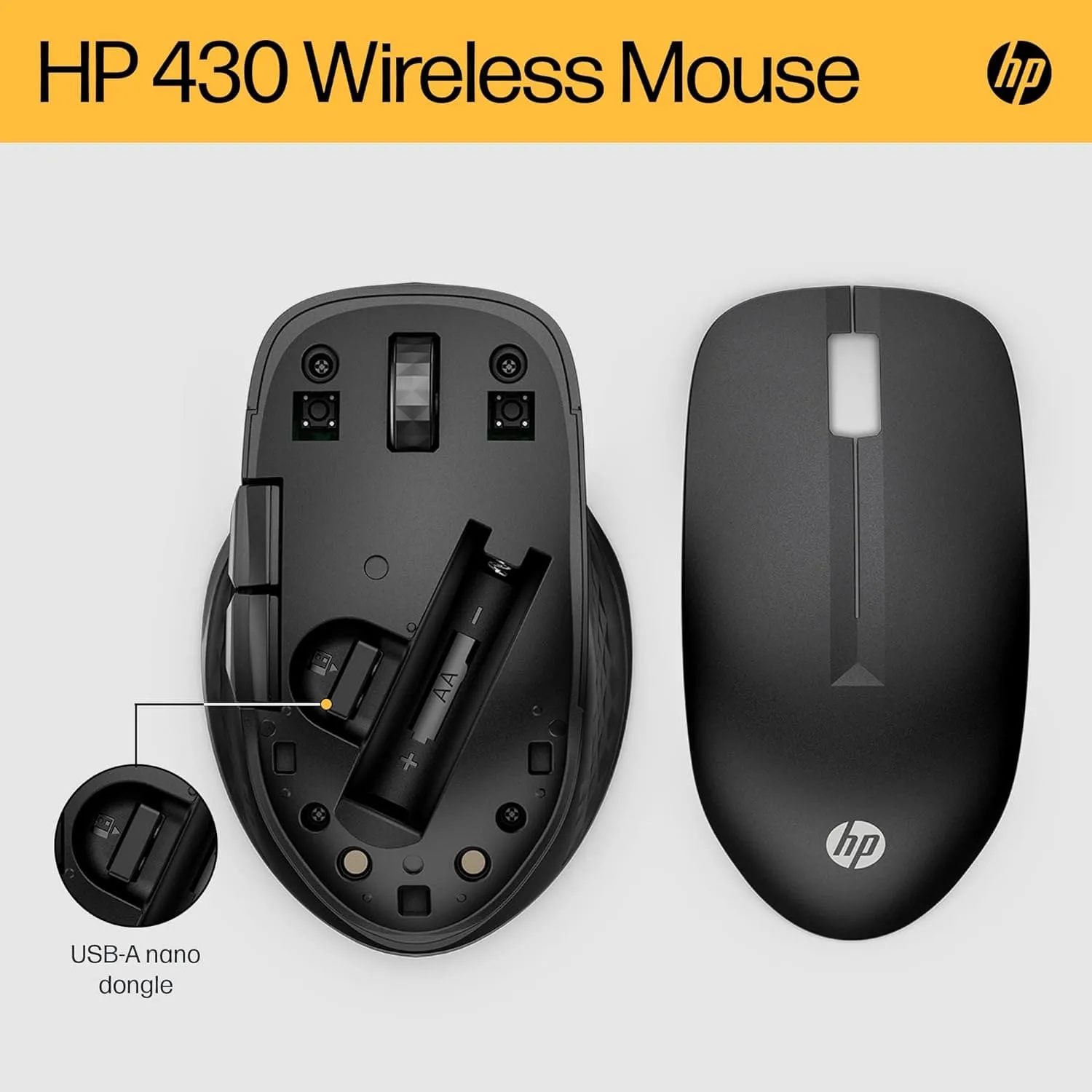 HP 430 wireless mouse | 2.4 GHz wireless connection & Bluetooth 5.2 | USB dongle | 4,000 dpi | 4 buttons | for up to 2 devices | black | incl. 1 x AA Battery