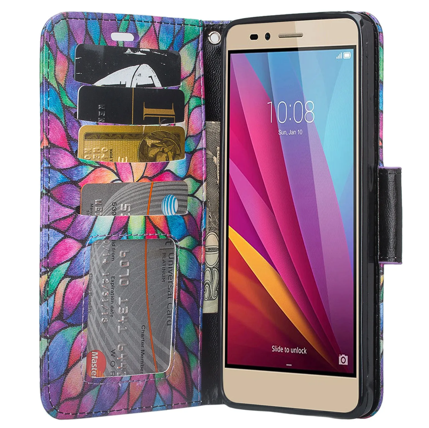 Huawei Sensa LTE Case, Wrist Strap Pu Leather Magnetic Fold[Kickstand] Wallet Case Cover with ID & Credit Card Slots for Huawei Sensa LTE - Rainbow Flower