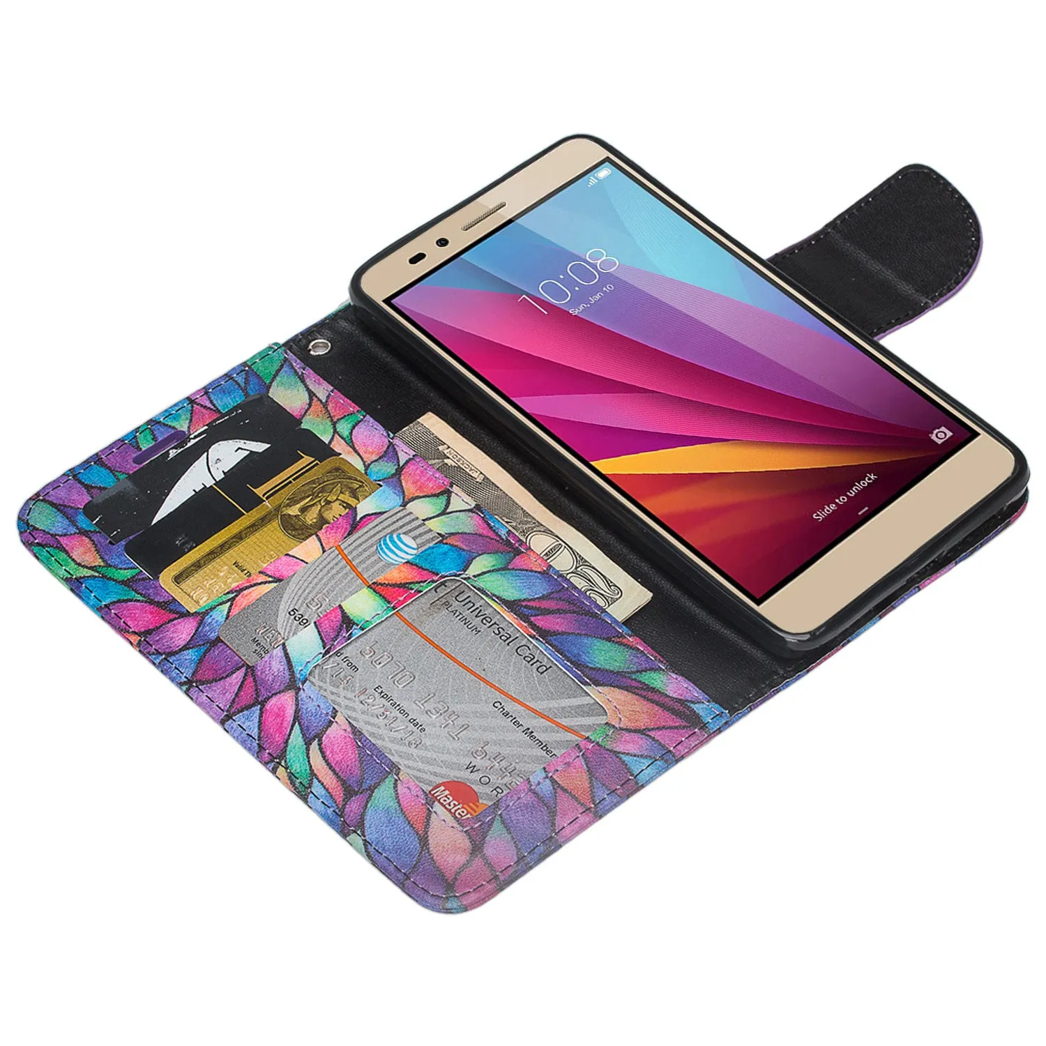 Huawei Sensa LTE Case, Wrist Strap Pu Leather Magnetic Fold[Kickstand] Wallet Case Cover with ID & Credit Card Slots for Huawei Sensa LTE - Rainbow Flower