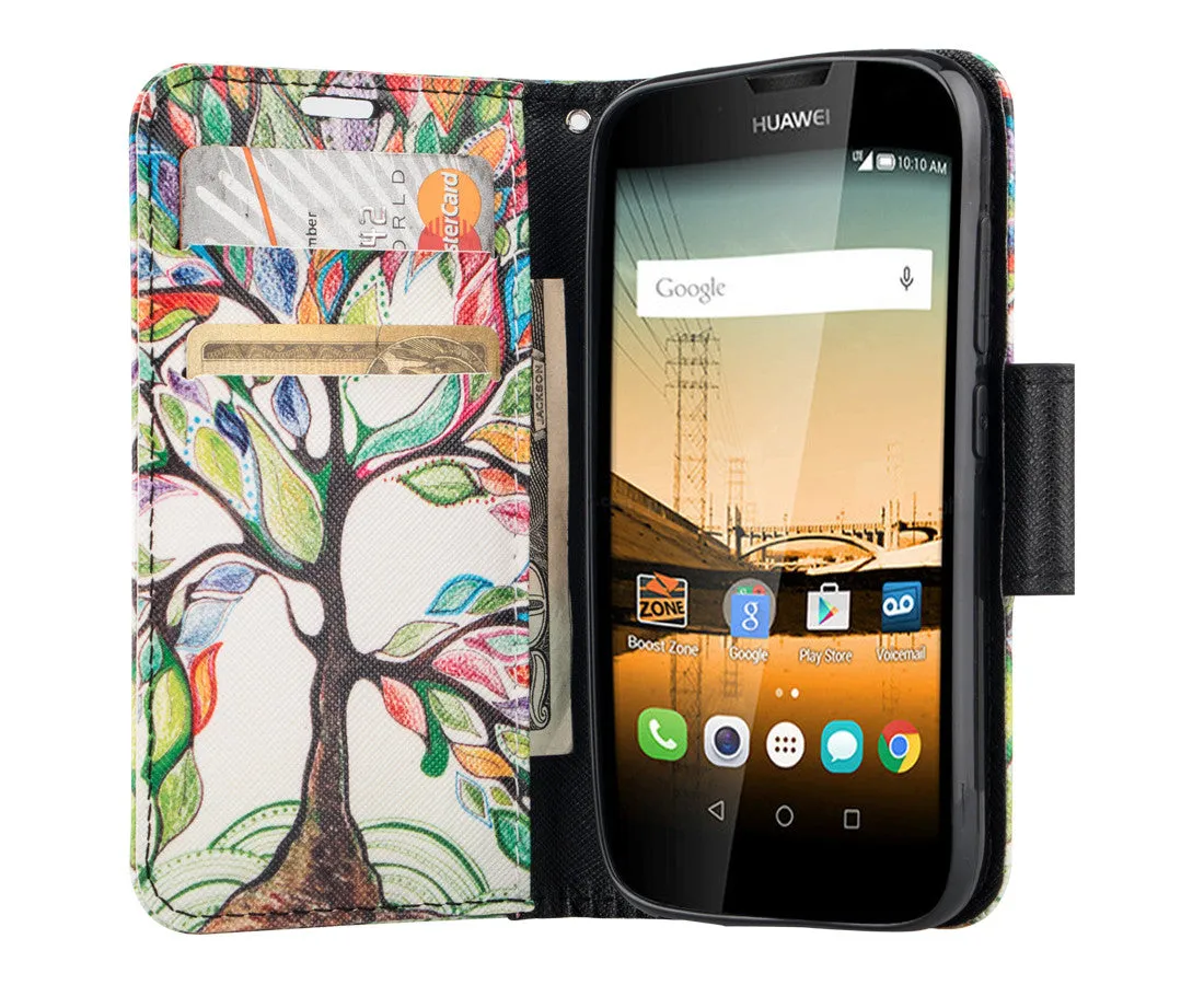 Huawei Union | Y538 Case, Wrist Strap Magnetic Flip Fold[Kickstand] Pu Leather Wallet Case with ID & Card Slots - Colorful Tree