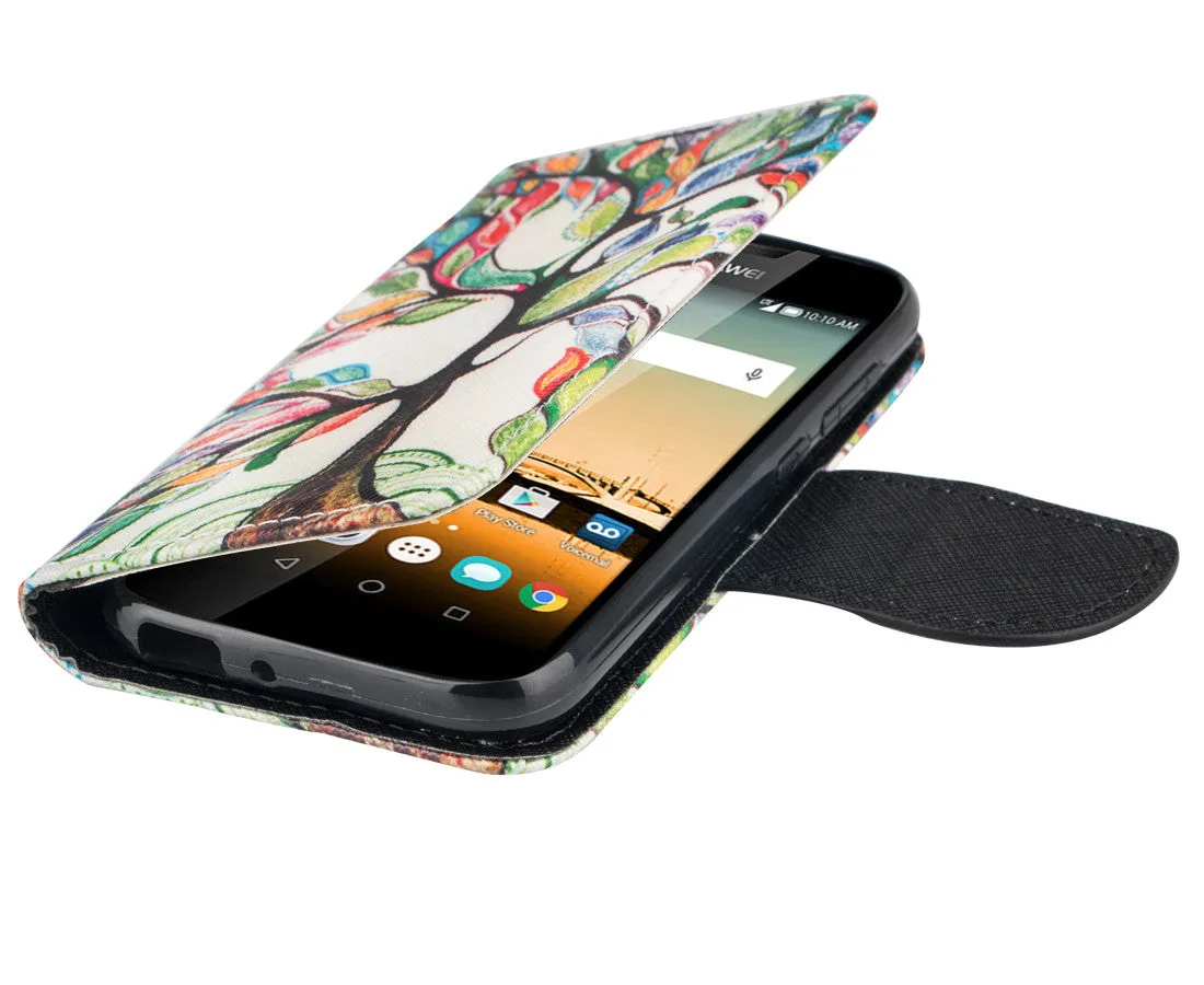 Huawei Union | Y538 Case, Wrist Strap Magnetic Flip Fold[Kickstand] Pu Leather Wallet Case with ID & Card Slots - Colorful Tree