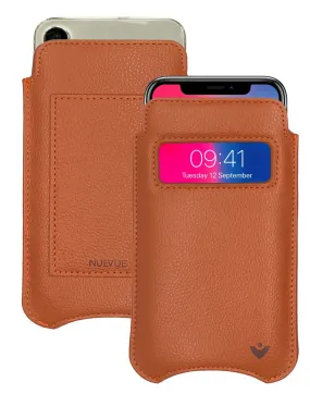 iPhone 16 / 16 Pro Tan Faux Leather Wallet Case with NueVue Patented Antimicrobial, Germ Fighting and Screen Cleaning Technology