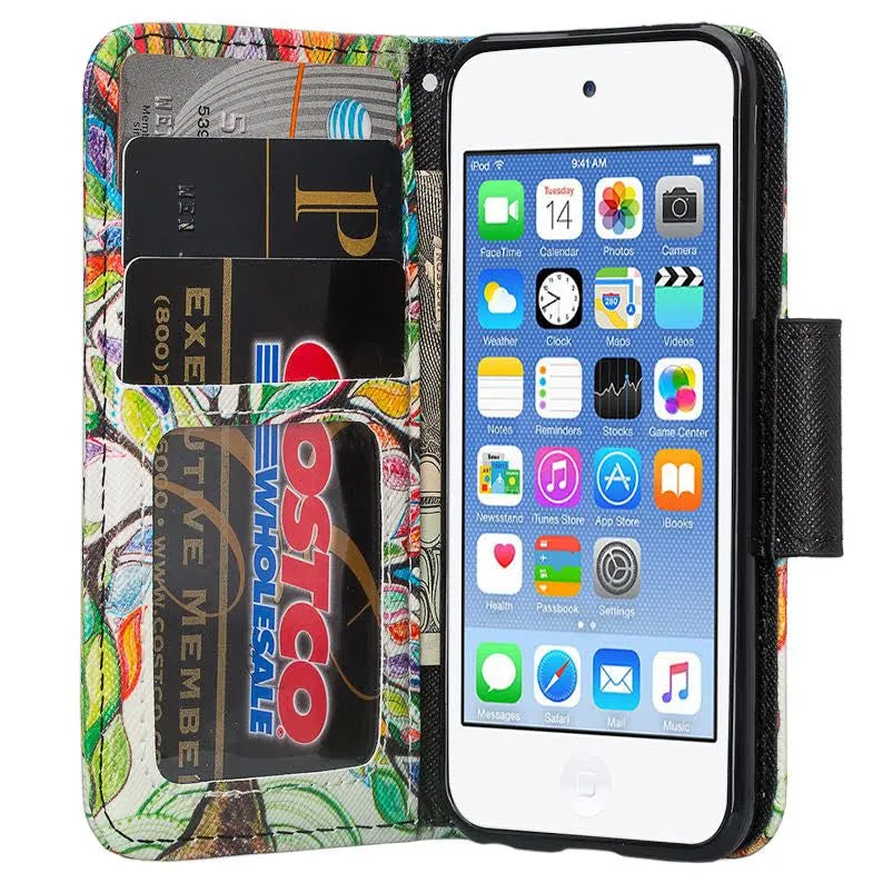 iPod Touch 5 / Ipod Touch 6 Wallet Case, Slim Strap Flip Folio [Kickstand] Pu Leather Wallet Case with ID & Credit Card Slots - Colorful Tree