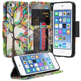 iPod Touch 5 / Ipod Touch 6 Wallet Case, Slim Strap Flip Folio [Kickstand] Pu Leather Wallet Case with ID & Credit Card Slots - Colorful Tree