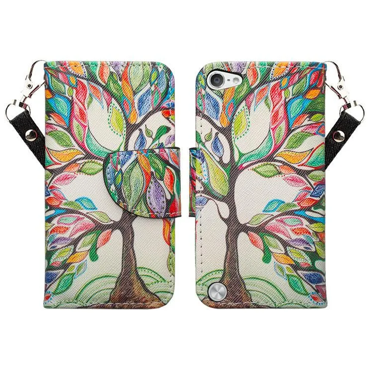 iPod Touch 5 / Ipod Touch 6 Wallet Case, Slim Strap Flip Folio [Kickstand] Pu Leather Wallet Case with ID & Credit Card Slots - Colorful Tree