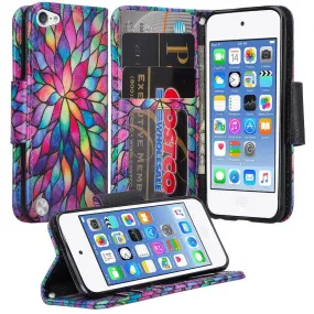 iPod Touch 5 / Ipod Touch 6 Wallet Case, Slim Strap Flip Folio [Kickstand] Pu Leather Wallet Case with ID & Credit Card Slots - Rainbow Flower