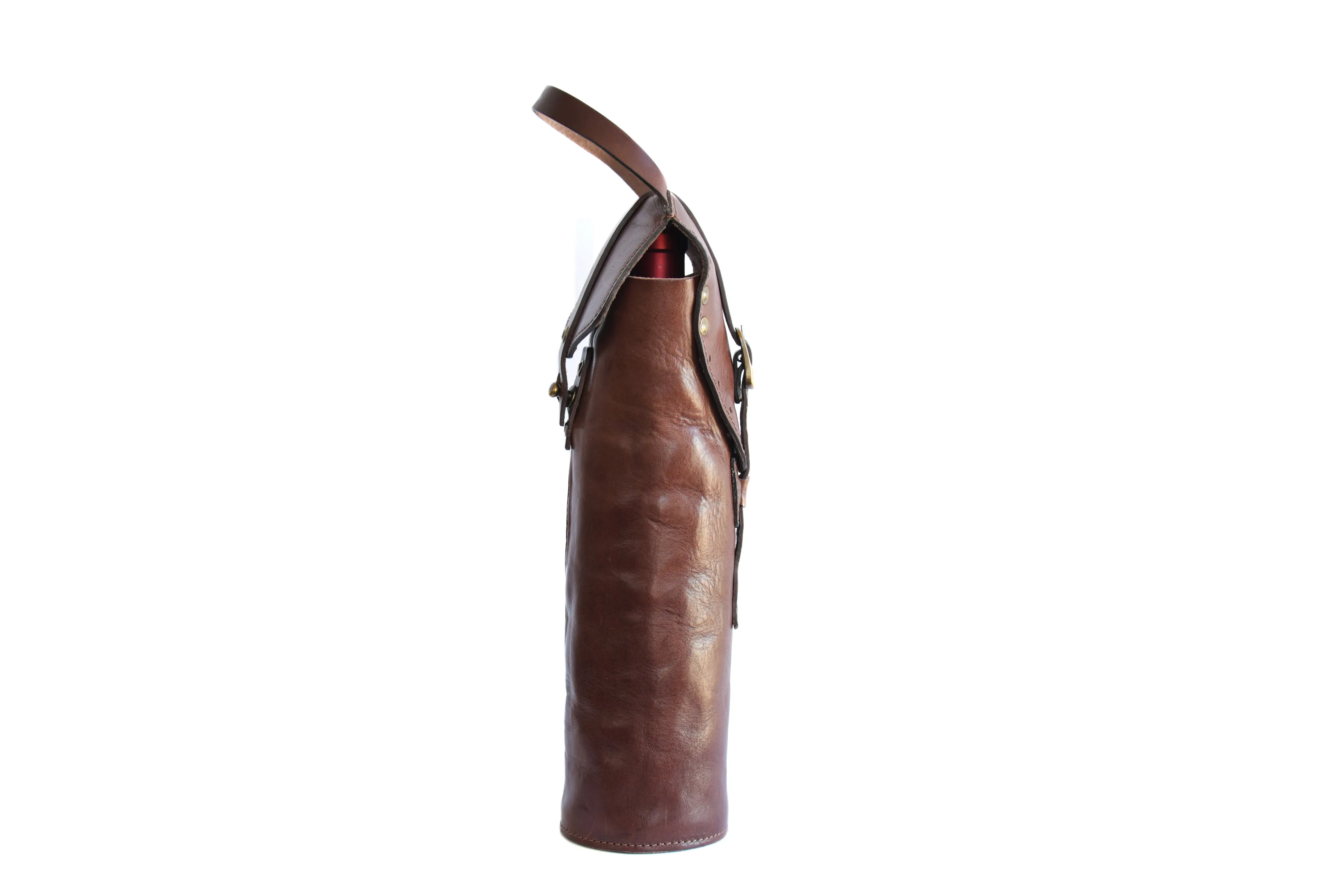 Italian Leather Wine Carrier - Vachetta Leathers - Walnut Brown Onyx Black