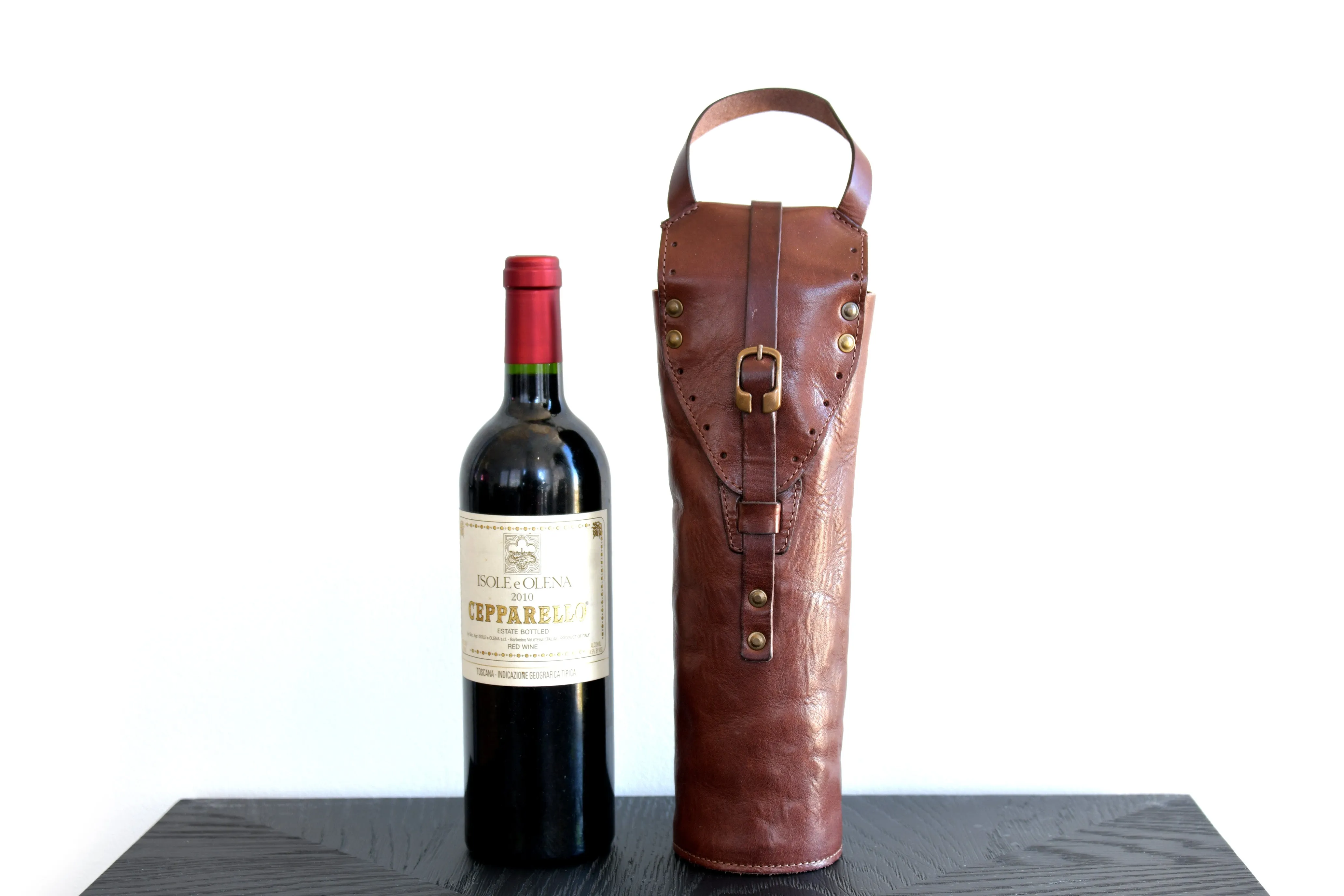 Italian Leather Wine Carrier - Vachetta Leathers - Walnut Brown Onyx Black