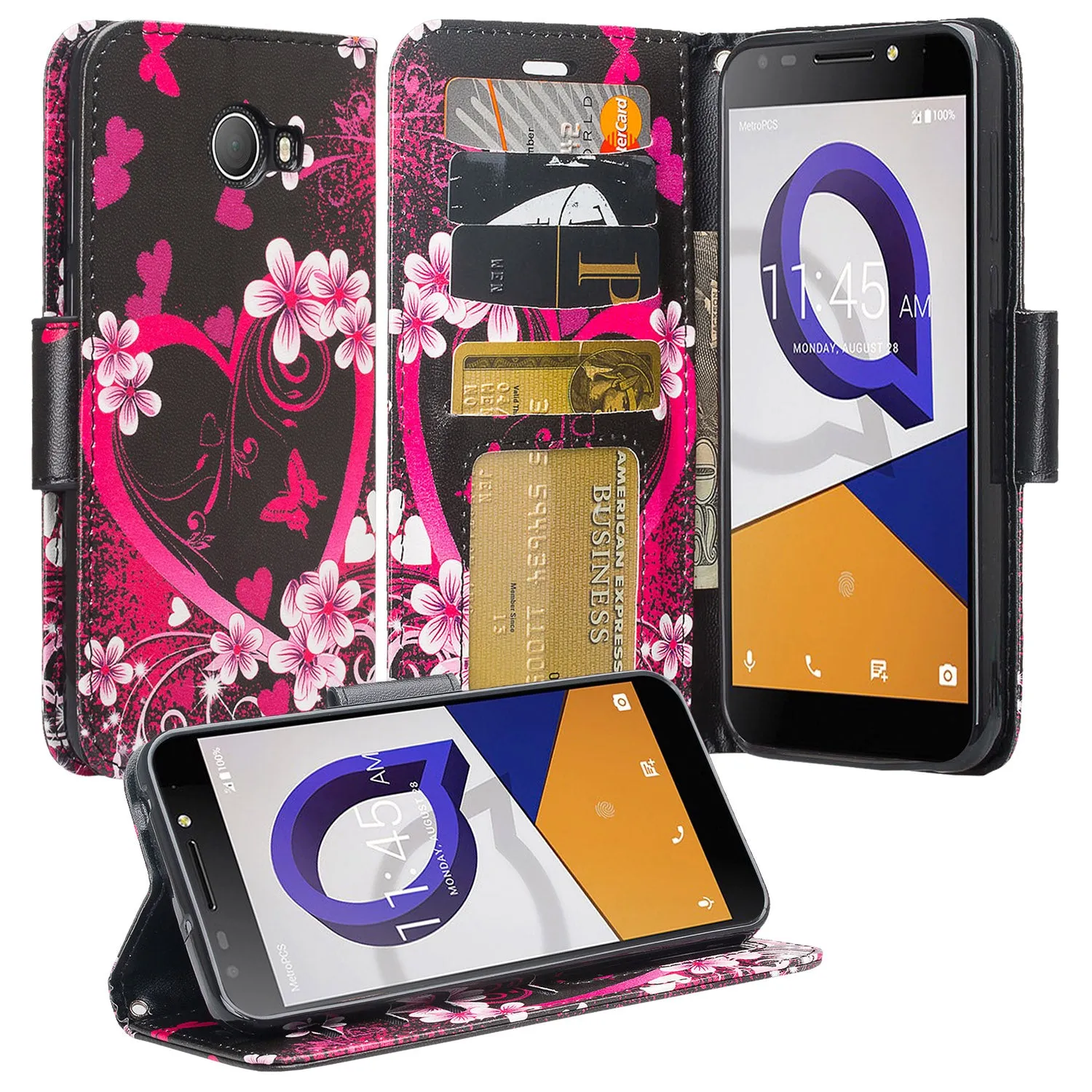 Jitterbug Smart 2 Case, Magnetic Flip Fold Kickstand Leather Wallet Cover with ID & Credit Card Slots - Heart Butterflies