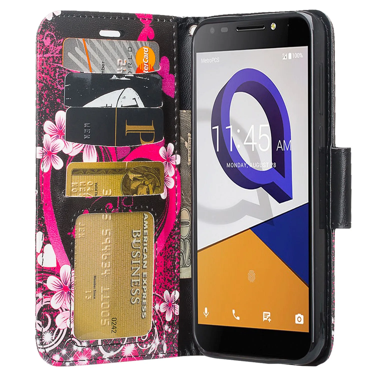 Jitterbug Smart 2 Case, Magnetic Flip Fold Kickstand Leather Wallet Cover with ID & Credit Card Slots - Heart Butterflies