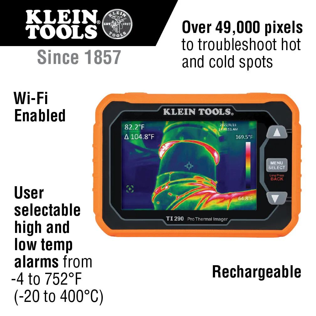 Klein Tools TI290 Rechargeable PRO Thermal Imaging Camera, Over 49000 Pixels, Wi-Fi Data Transfer, 3 Palettes, High / Low Temperature Points