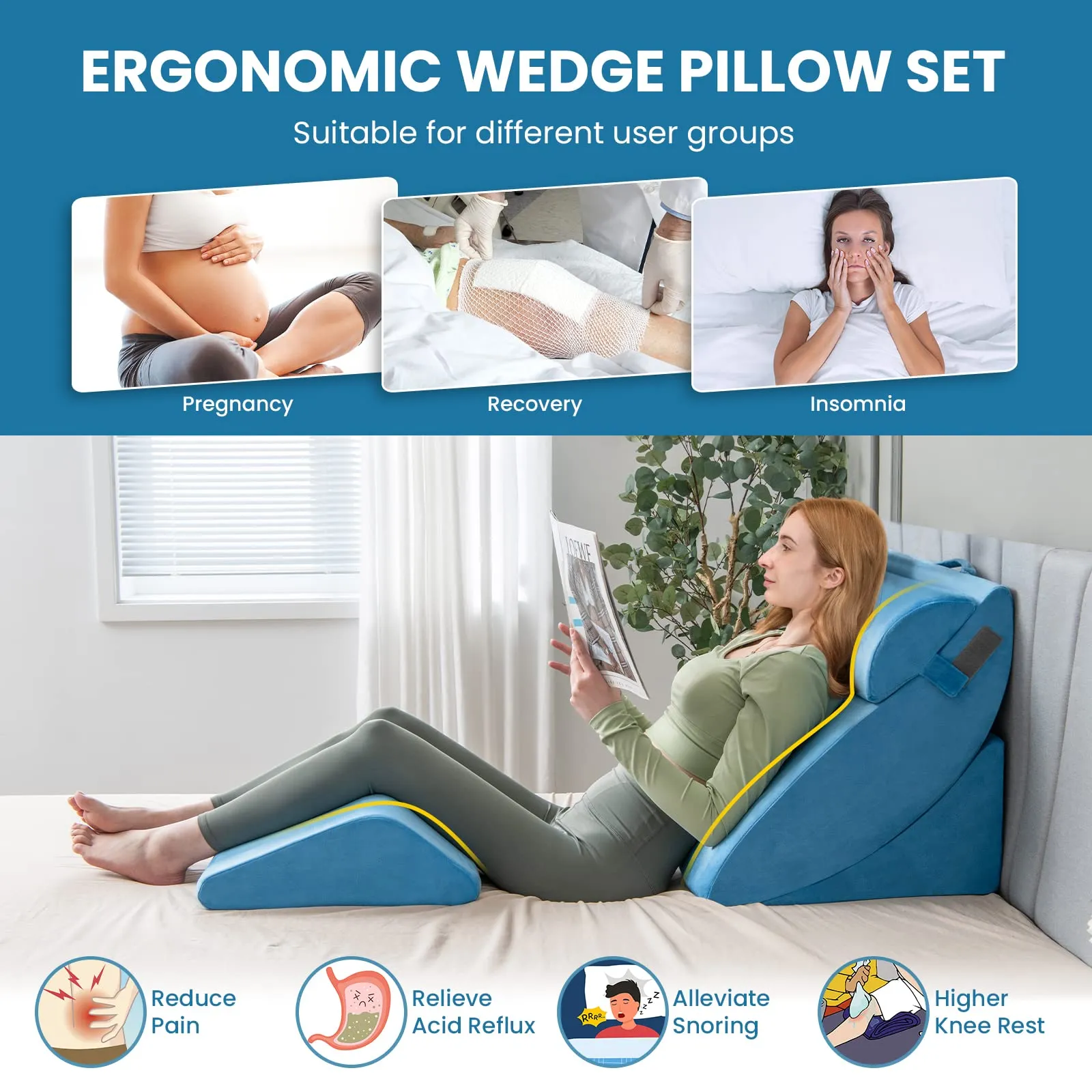 KOMFOTT 4 PCS Wedge Pillow Set, Adjustable Memory Foam Incline Pillows with Removable & Washable Cover