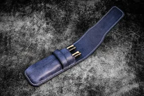 Leather Flap Pen Case for Two Pens - Crazy Horse Navy Blue