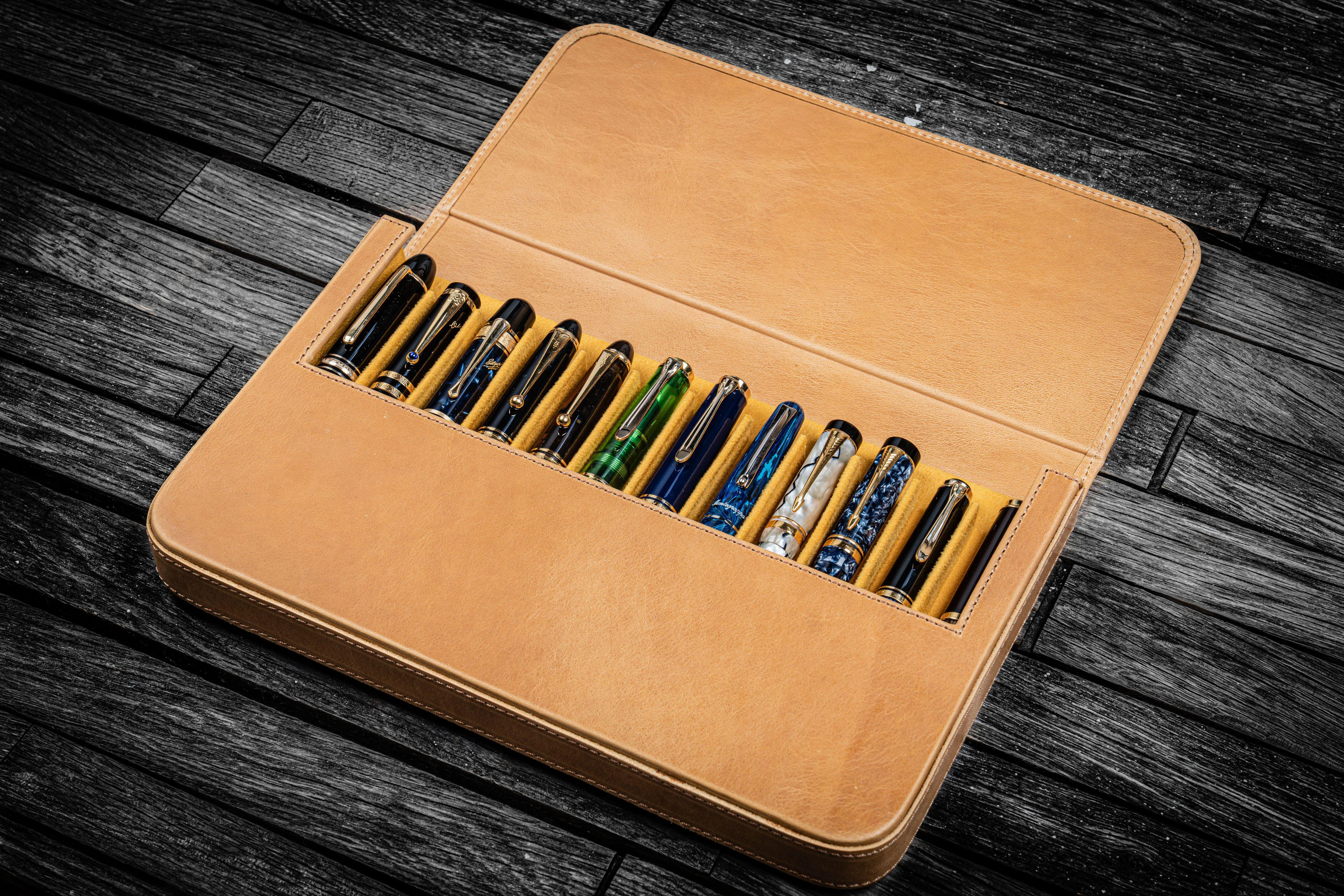 Leather Magnum Opus 12 Slots Hard Pen Case with Removable Pen Tray - Crazy Horse Honey Ochre