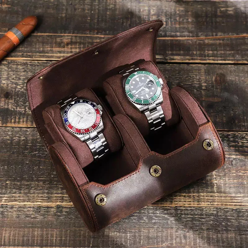 Leather Watch Travel Roll Case for 2 Watches