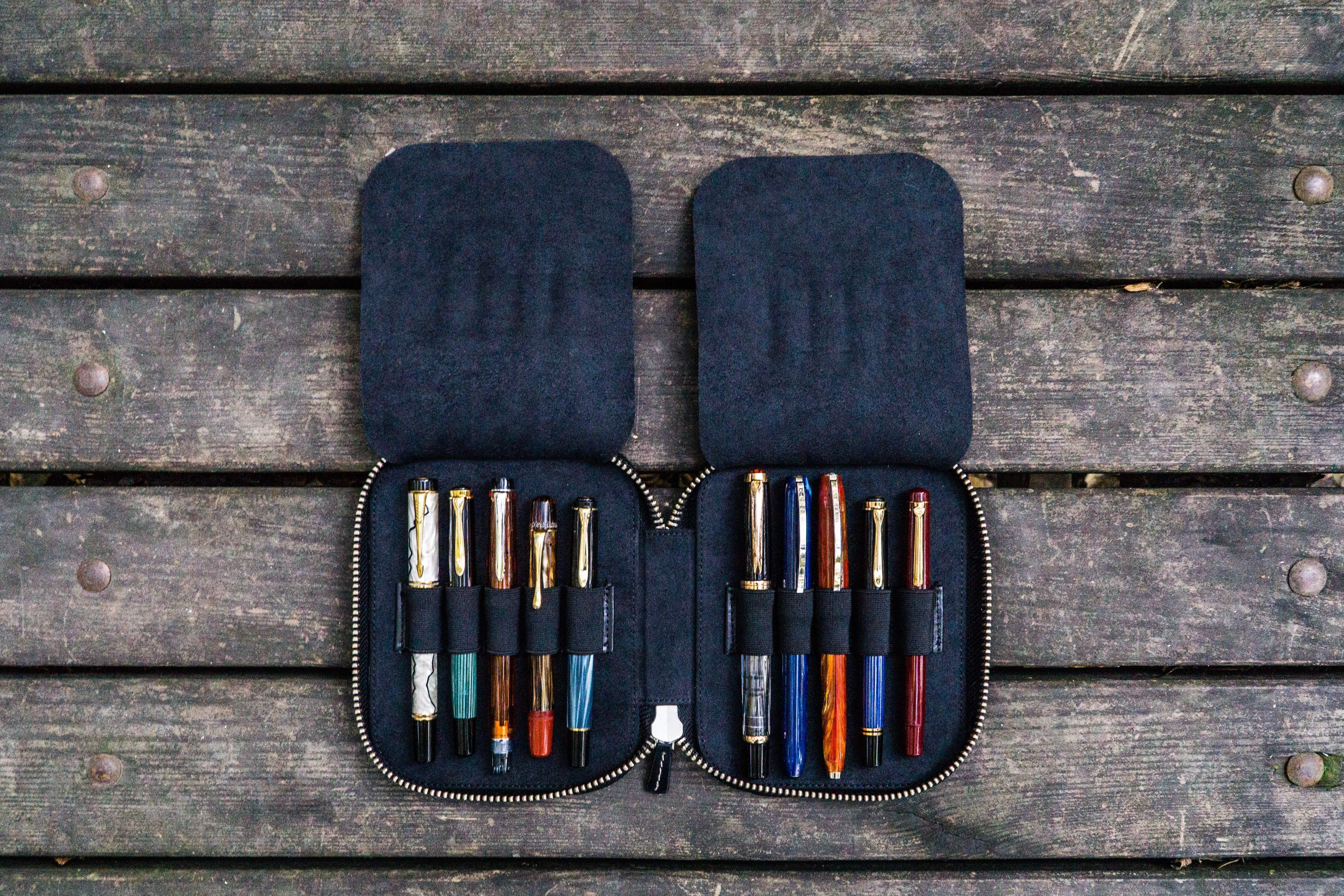 Leather Zippered 10 Slots Pen Case - Black