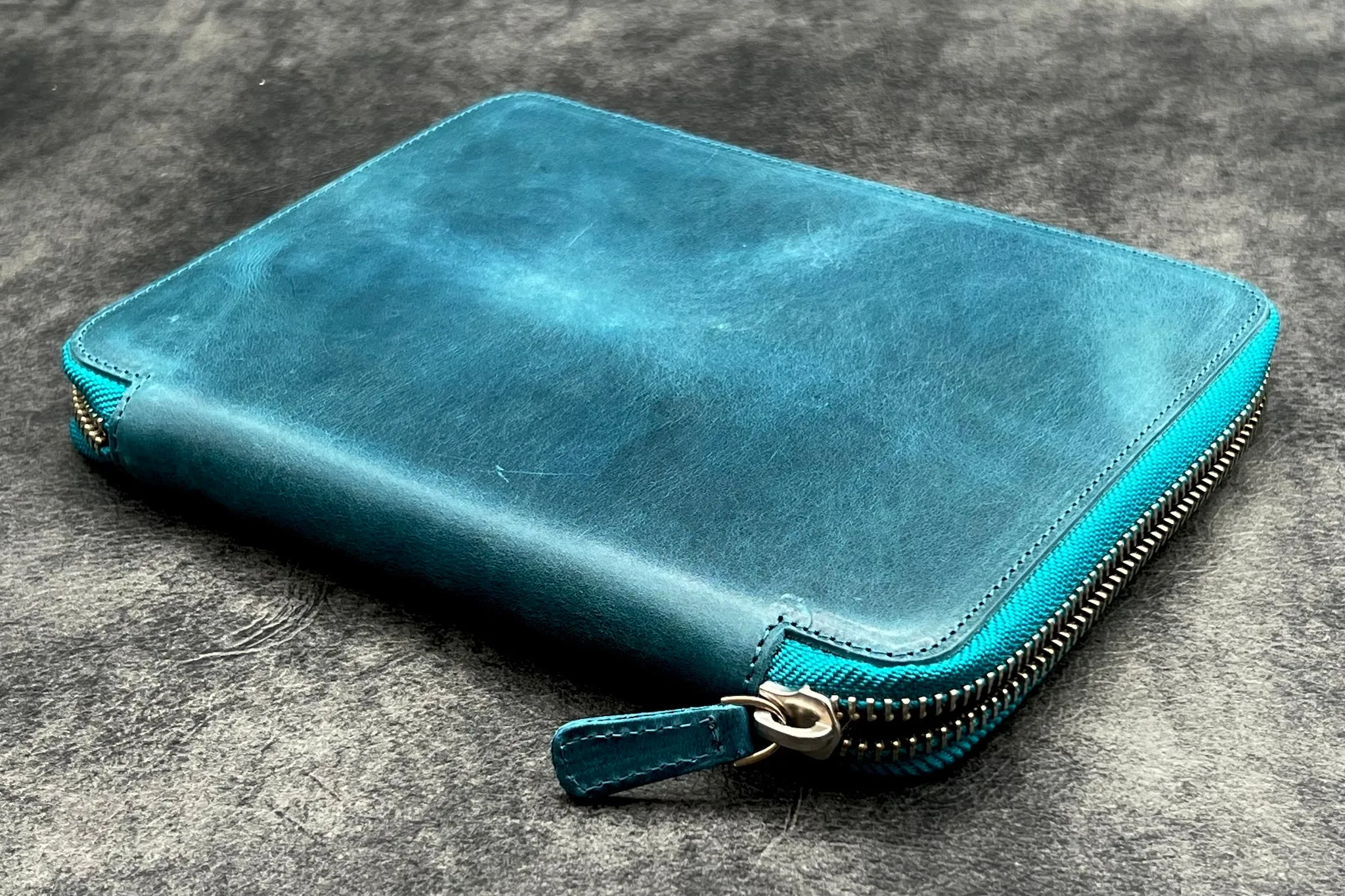 Leather Zippered 10 Slots Pen Case with A5 Notebook Holder - C. H. Ocean Blue