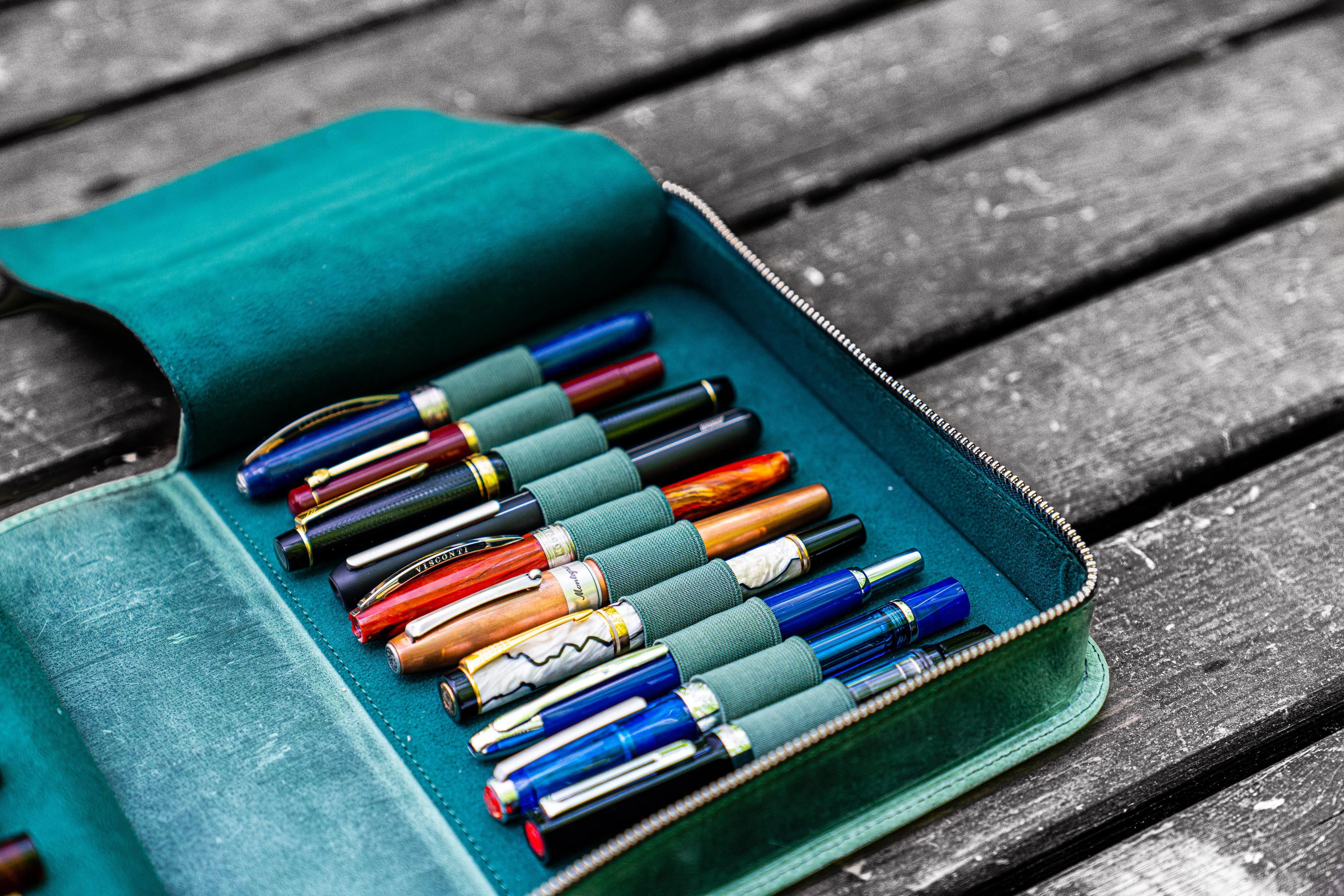 Leather Zippered 40 Slots Pen Case - Crazy Horse Forest Green