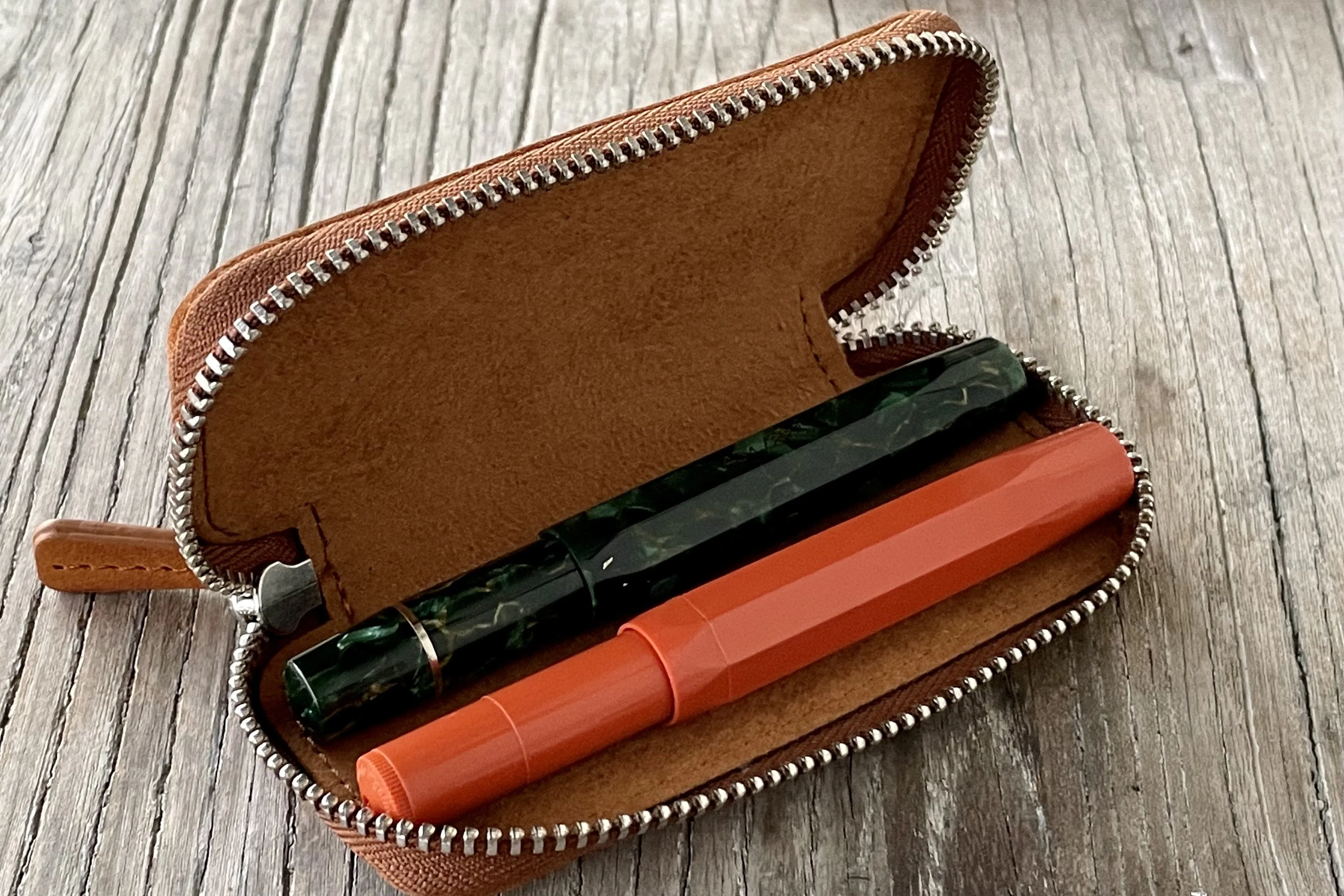 Leather Zippered Double Pen Case for Kaweco - Pocket Pen - Crazy Horse Brown