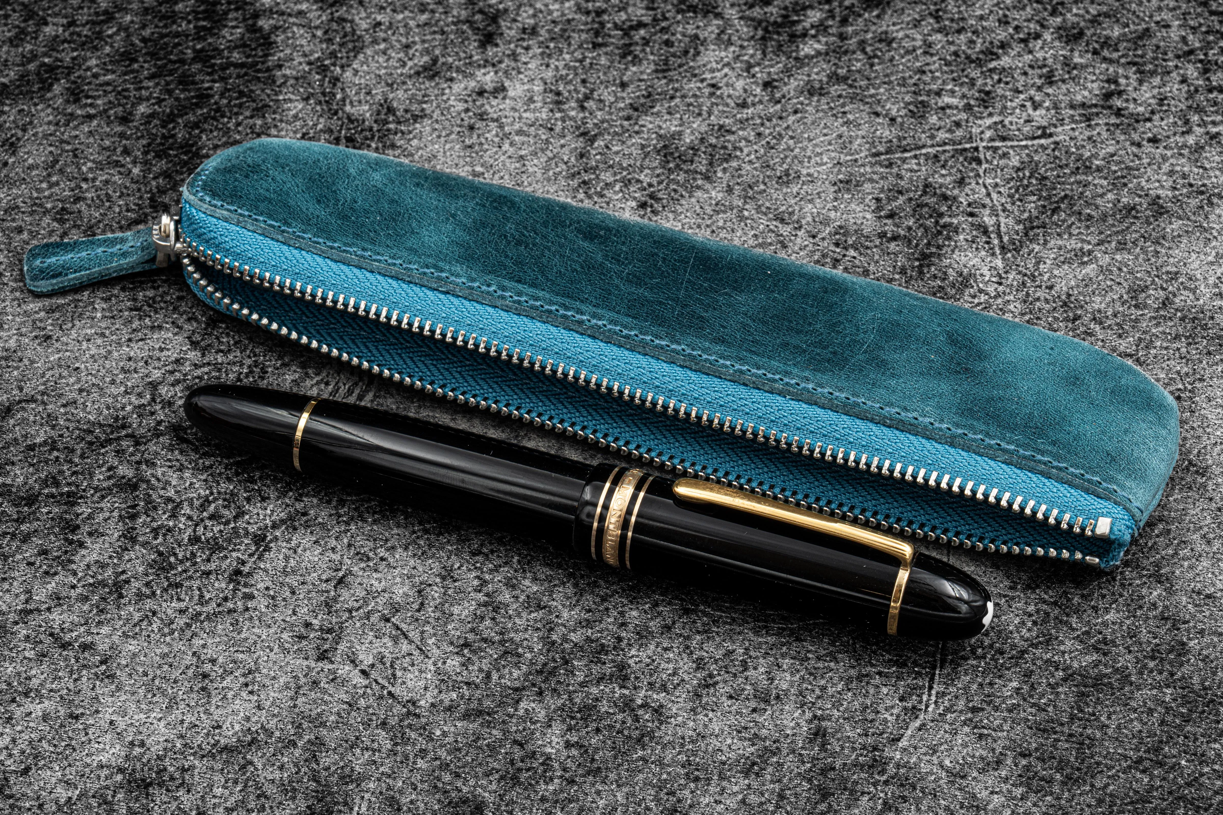 Leather Zippered Single Fountain Pen Pouch - C. H. Ocean Blue