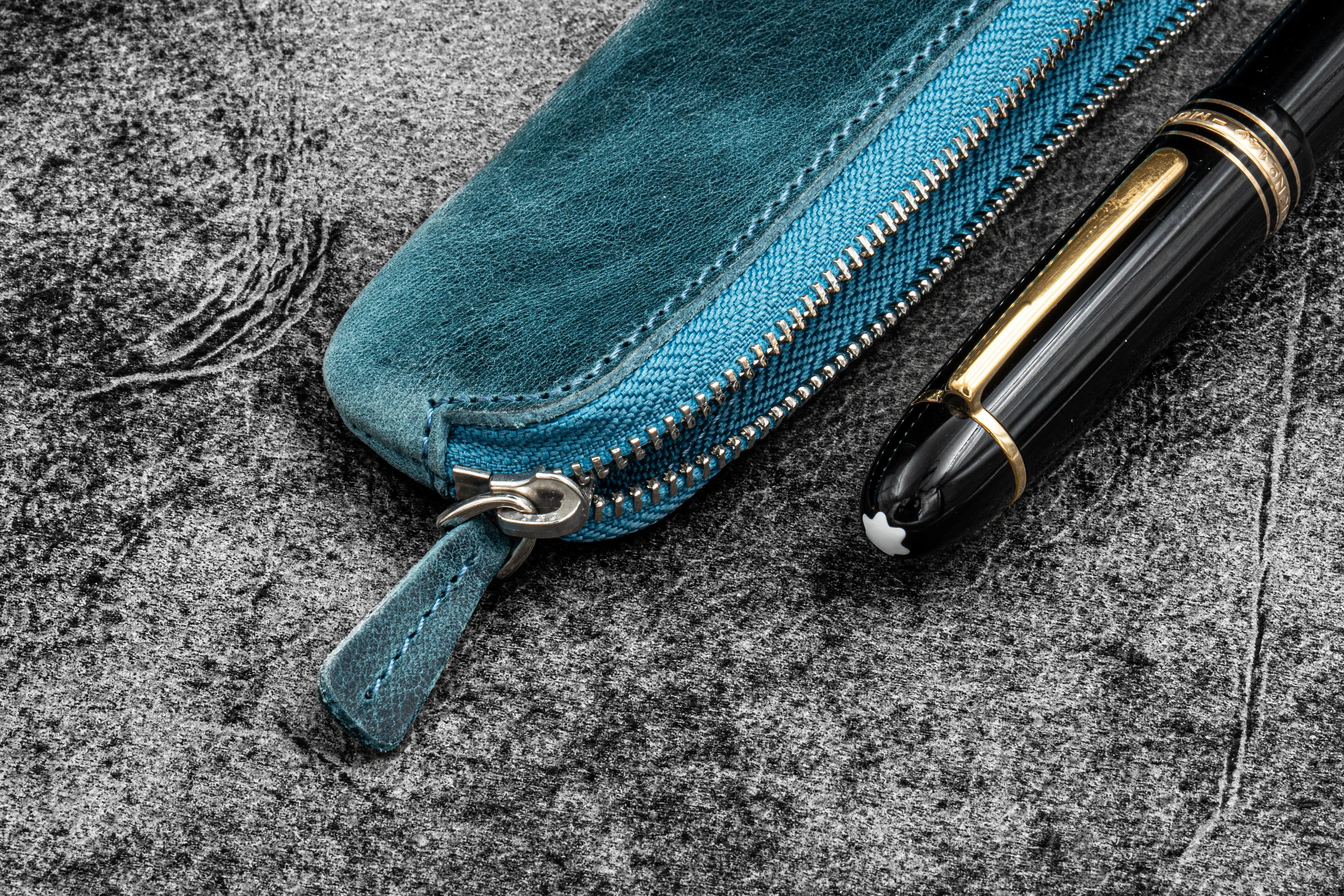 Leather Zippered Single Fountain Pen Pouch - C. H. Ocean Blue