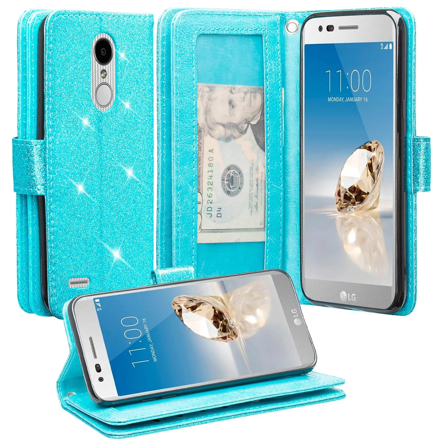 LG Aristo 2 Plus Case, Aristo 2, LG Tribute Dynasty, Rebel 3, Zone 4, [Wrist Strap] Glitter Faux Leather Flip [Kickstand] Wallet Case Wristlet - Teal