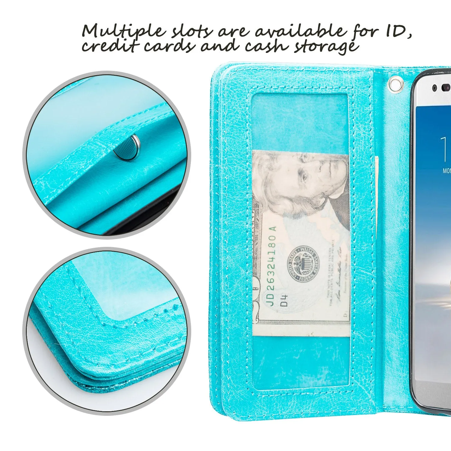 LG Aristo 2 Plus Case, Aristo 2, LG Tribute Dynasty, Rebel 3, Zone 4, [Wrist Strap] Glitter Faux Leather Flip [Kickstand] Wallet Case Wristlet - Teal