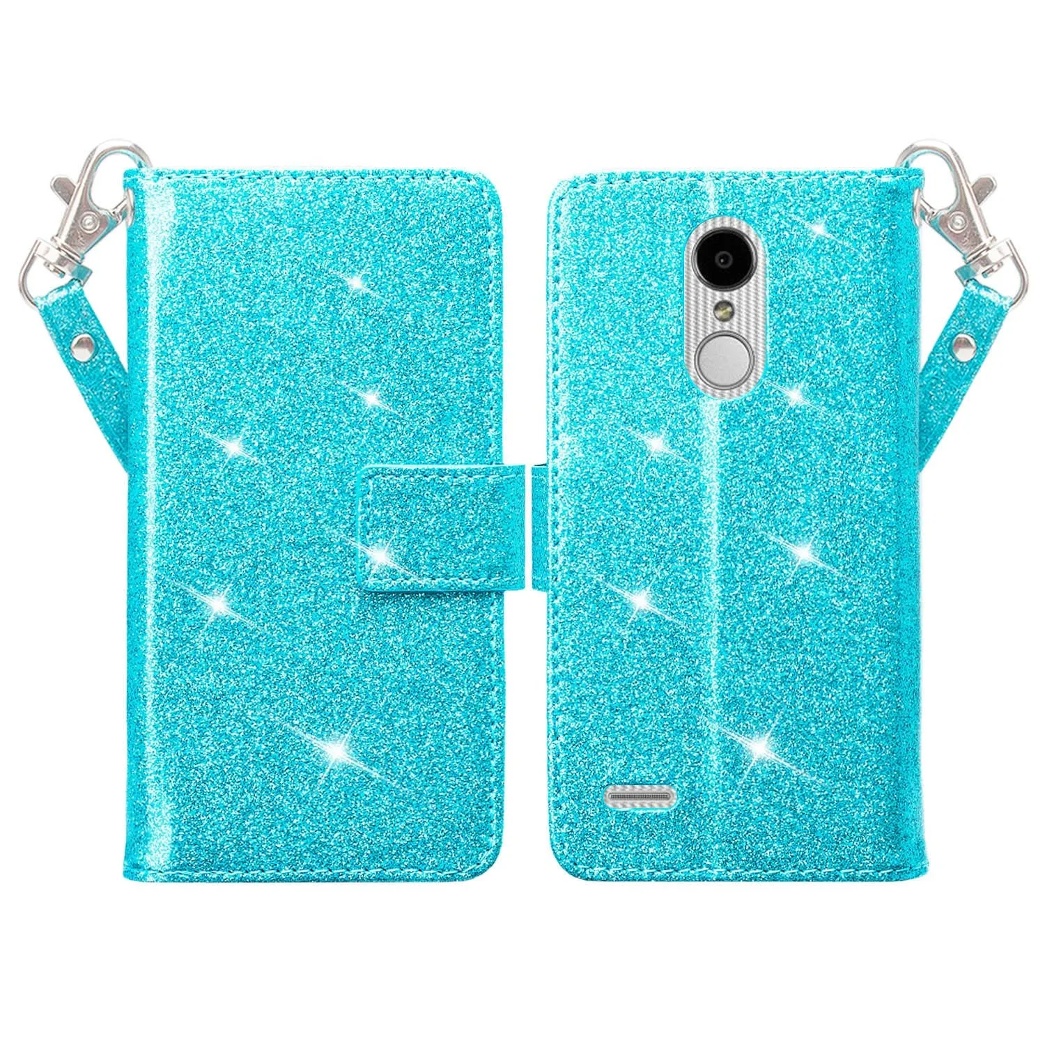 LG Aristo 2 Plus Case, Aristo 2, LG Tribute Dynasty, Rebel 3, Zone 4, [Wrist Strap] Glitter Faux Leather Flip [Kickstand] Wallet Case Wristlet - Teal