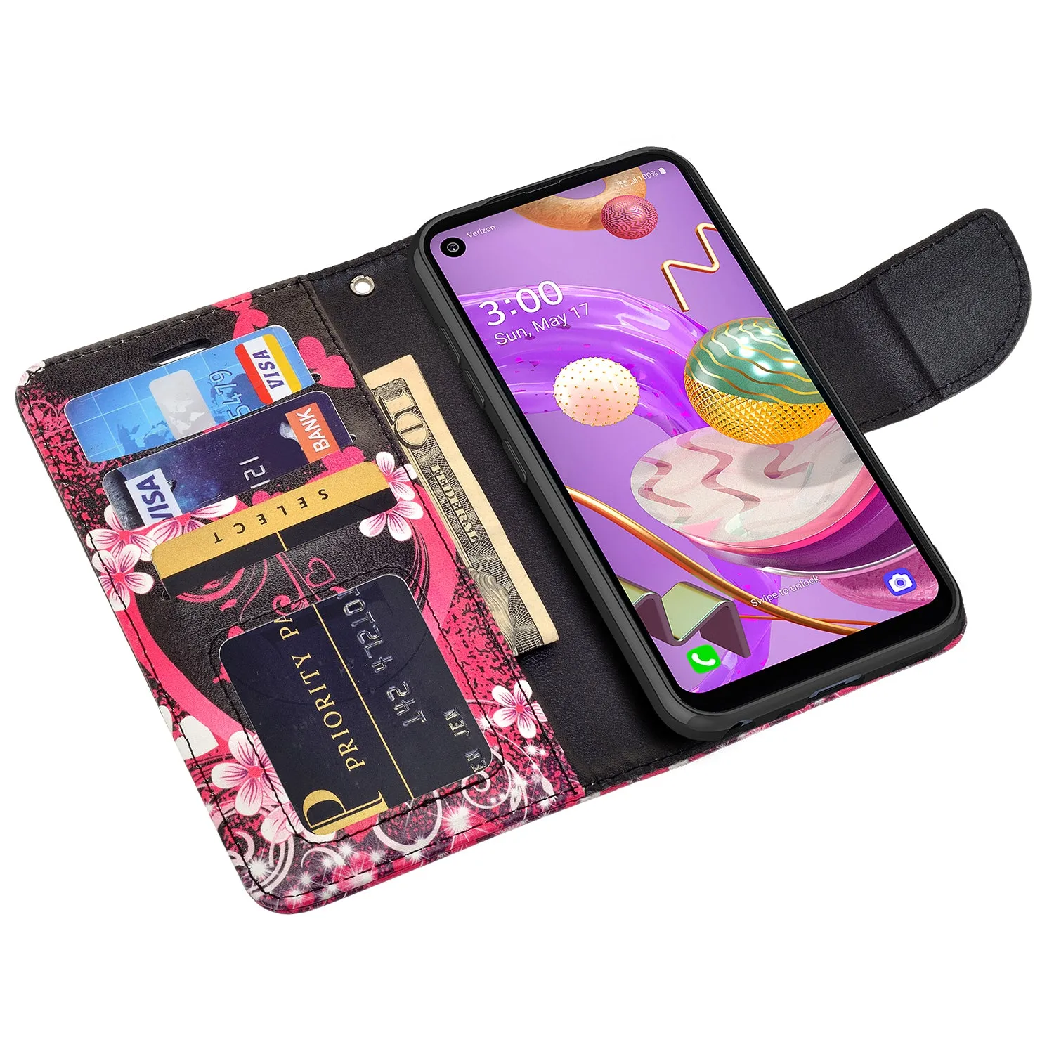 LG Aristo 5 Plus Wallet Case, Wrist Strap Pu Leather Wallet Case [Kickstand] with ID & Credit Card Slots - Heart Butterflies