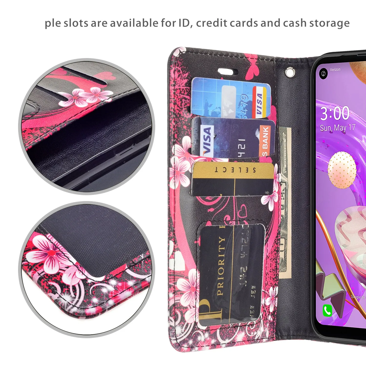 LG Aristo 5 Plus Wallet Case, Wrist Strap Pu Leather Wallet Case [Kickstand] with ID & Credit Card Slots - Heart Butterflies