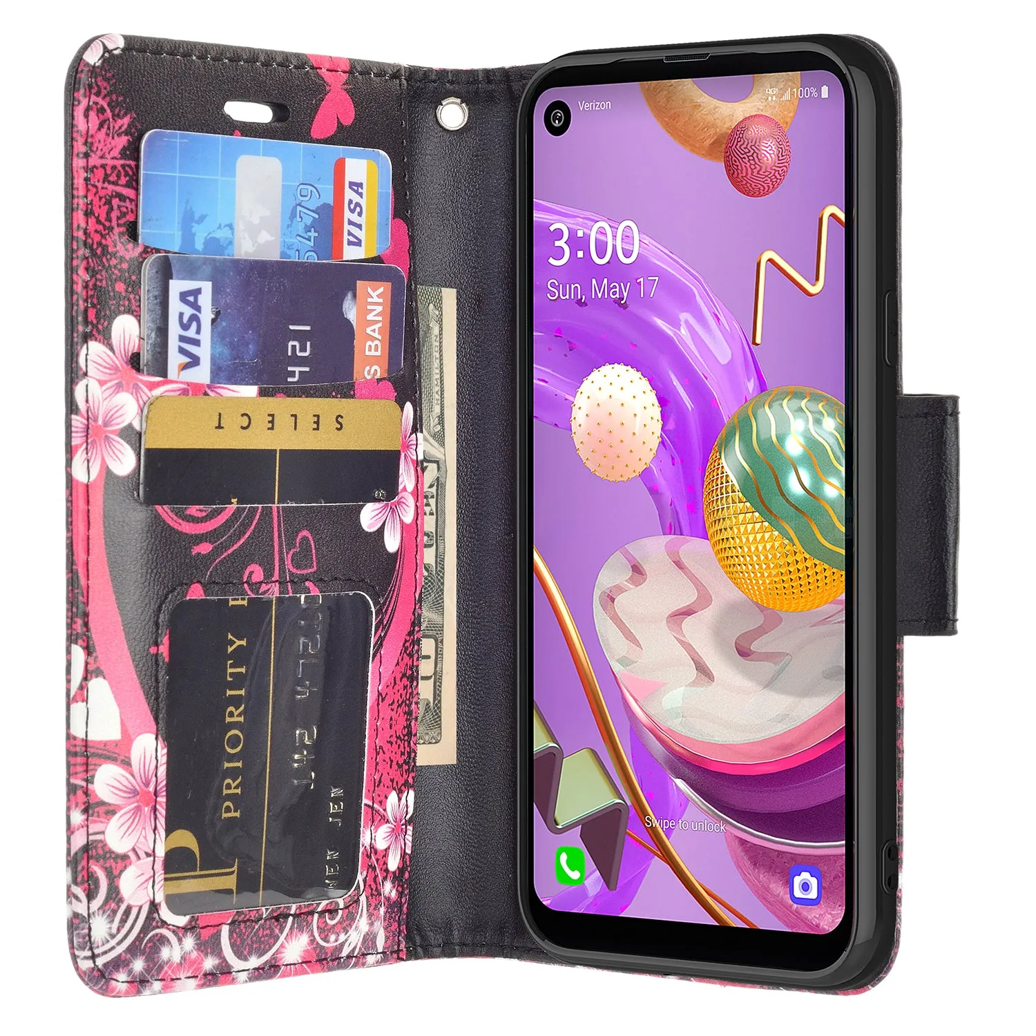 LG Aristo 5 Plus Wallet Case, Wrist Strap Pu Leather Wallet Case [Kickstand] with ID & Credit Card Slots - Heart Butterflies