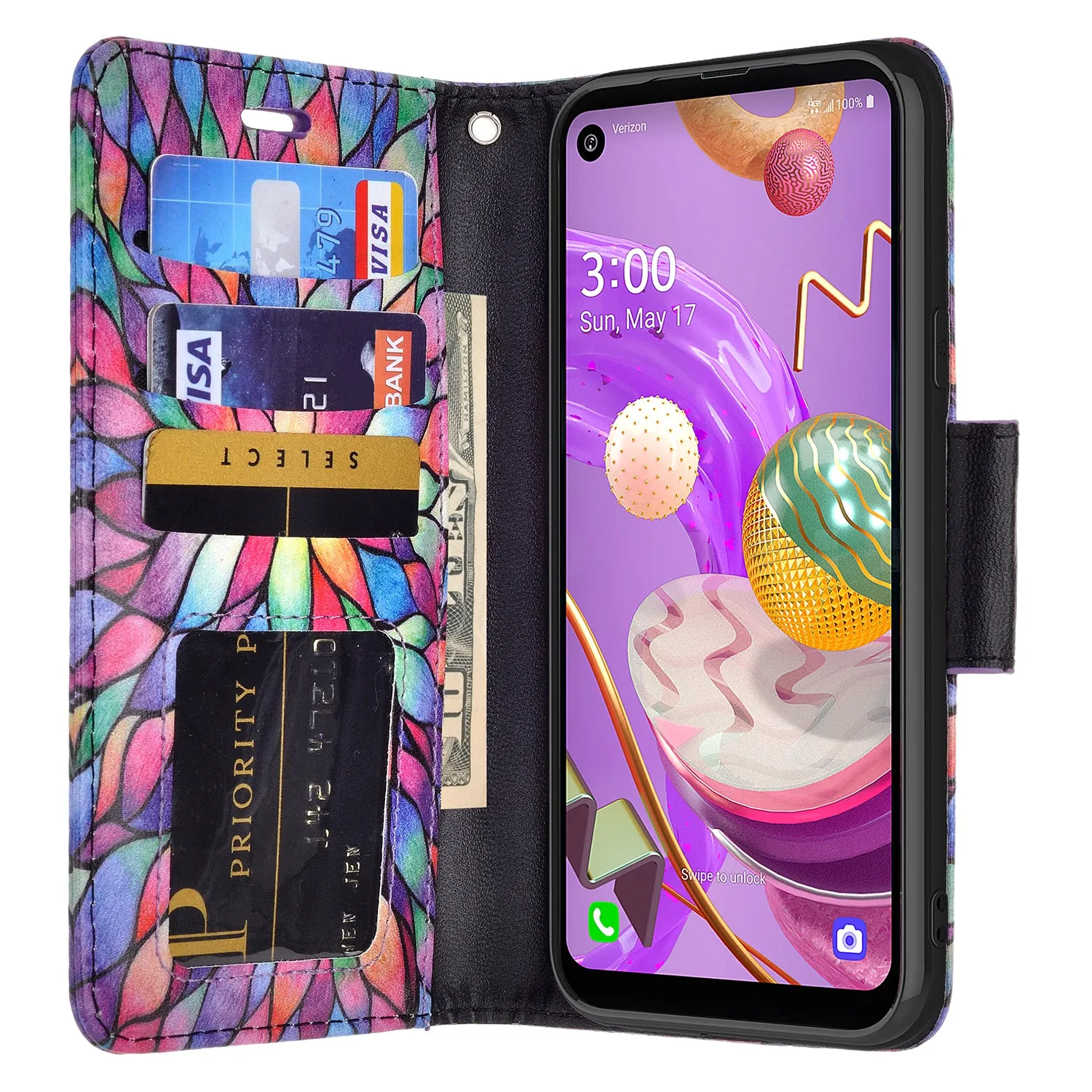 LG Aristo 5 Plus Wallet Case, Wrist Strap Pu Leather Wallet Case [Kickstand] with ID & Credit Card Slots - Rainbow Flower