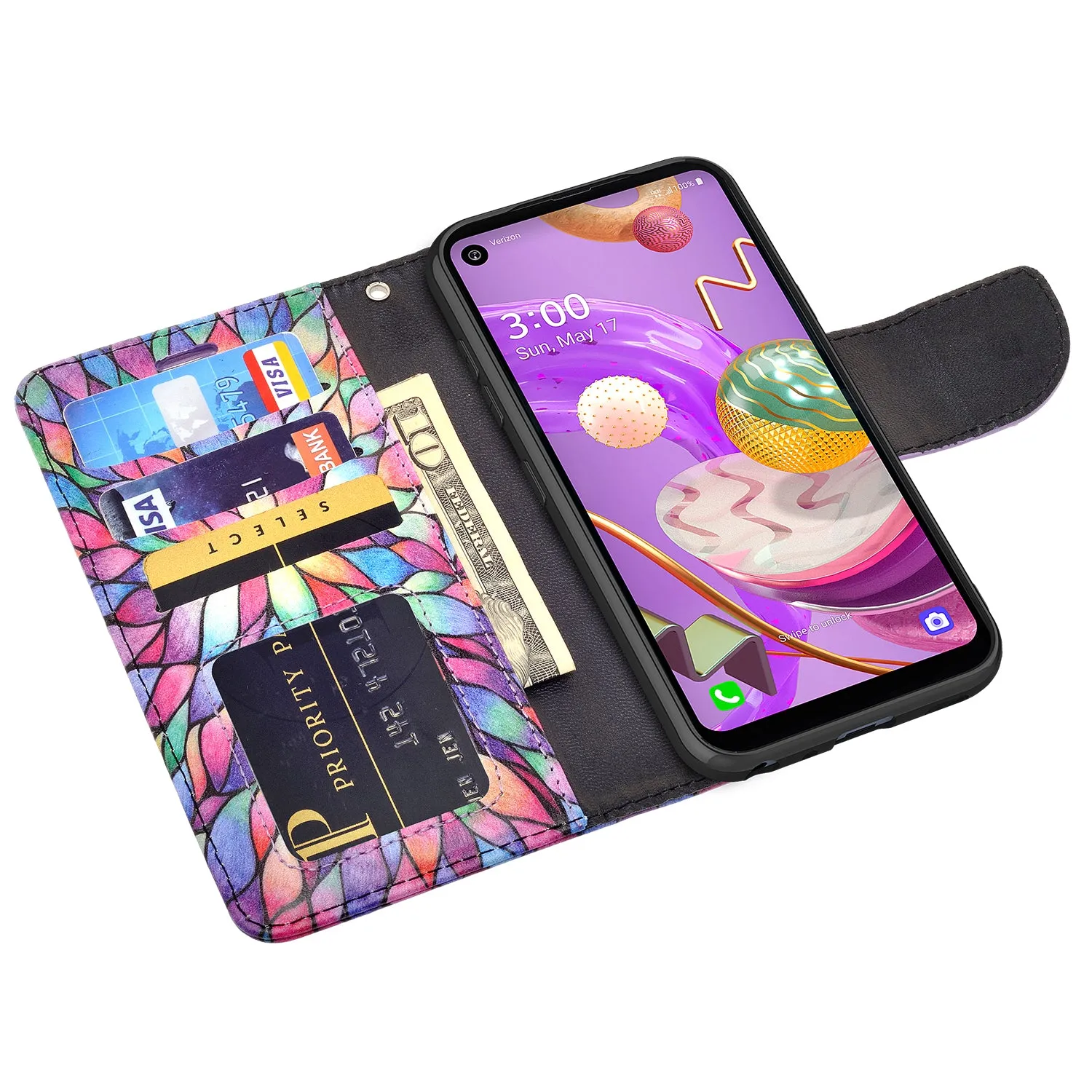 LG Aristo 5 Plus Wallet Case, Wrist Strap Pu Leather Wallet Case [Kickstand] with ID & Credit Card Slots - Rainbow Flower