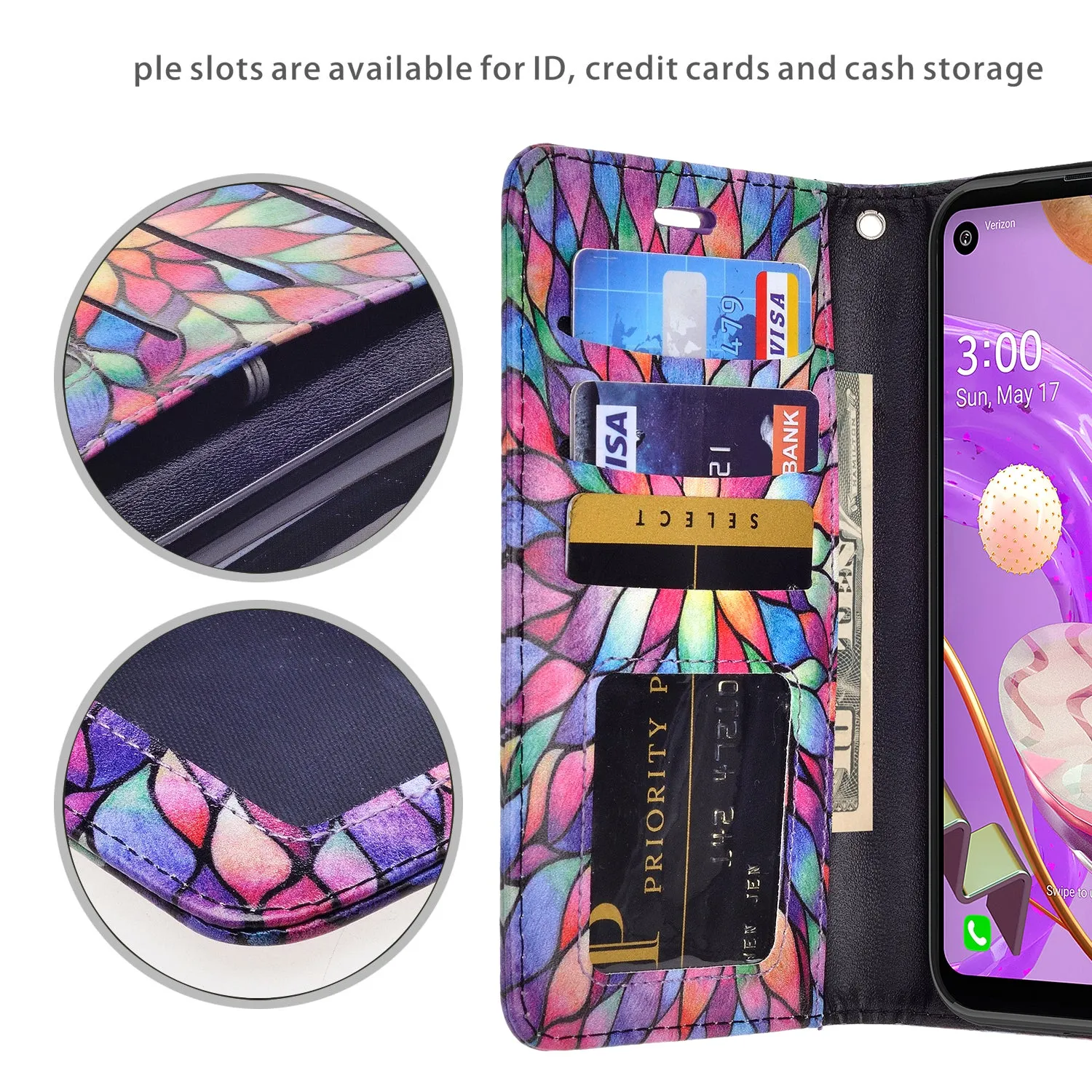 LG Aristo 5 Plus Wallet Case, Wrist Strap Pu Leather Wallet Case [Kickstand] with ID & Credit Card Slots - Rainbow Flower