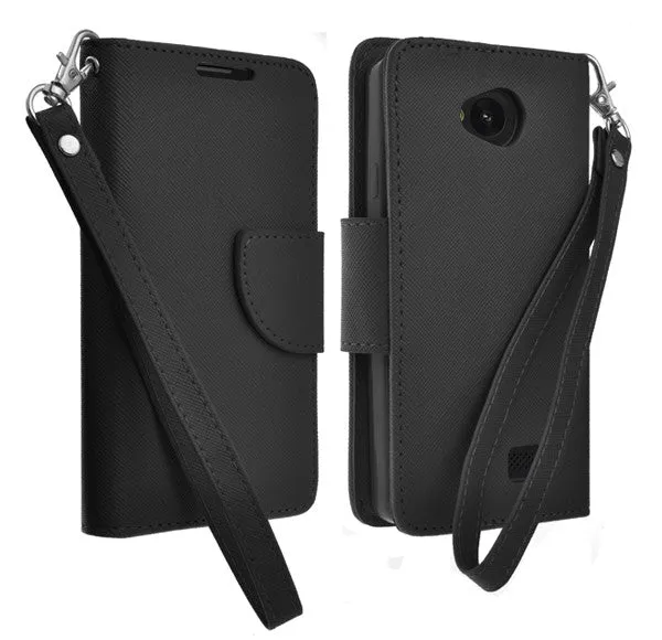 LG F60 | Optimus F60 | MS395 | D390N Case, Wrist Strap Flip Folio [Kickstand Feature] Pu Leather Wallet Case with ID & Credit Card Slots - Black