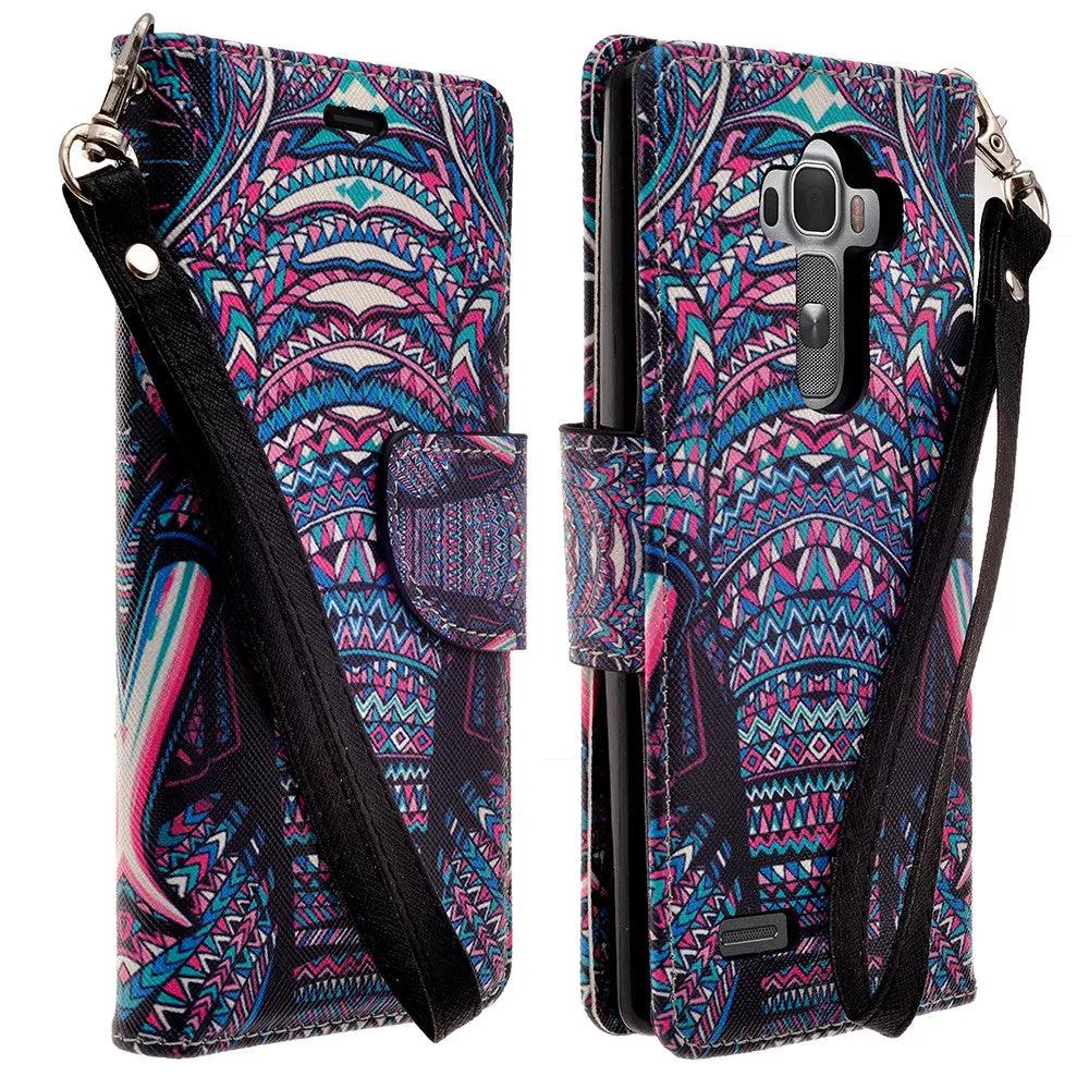 LG G4 Case, Wallet Case, Wrist Strap [Kickstand] Pu Leather Wallet Case with ID & Credit Card Slots - Tribal Elephant