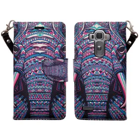 LG G4 Case, Wallet Case, Wrist Strap [Kickstand] Pu Leather Wallet Case with ID & Credit Card Slots - Tribal Elephant