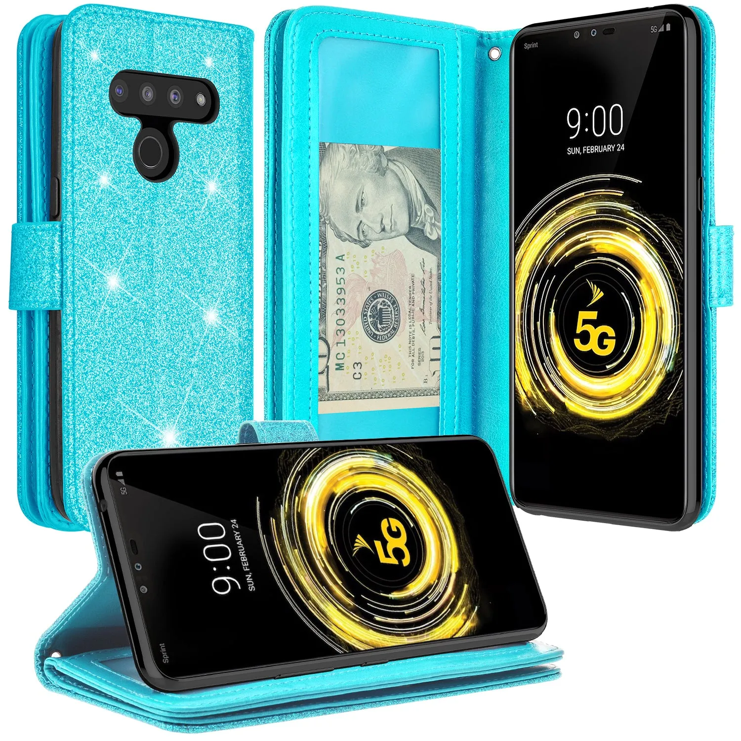 LG G8 ThinQ Case, LM-G820 Case, Glitter Faux Leather Flip Credit Card Holder Wrist Strap Shockproof Protective Wallet Case Clutch for LG G8 ThinQ - Teal