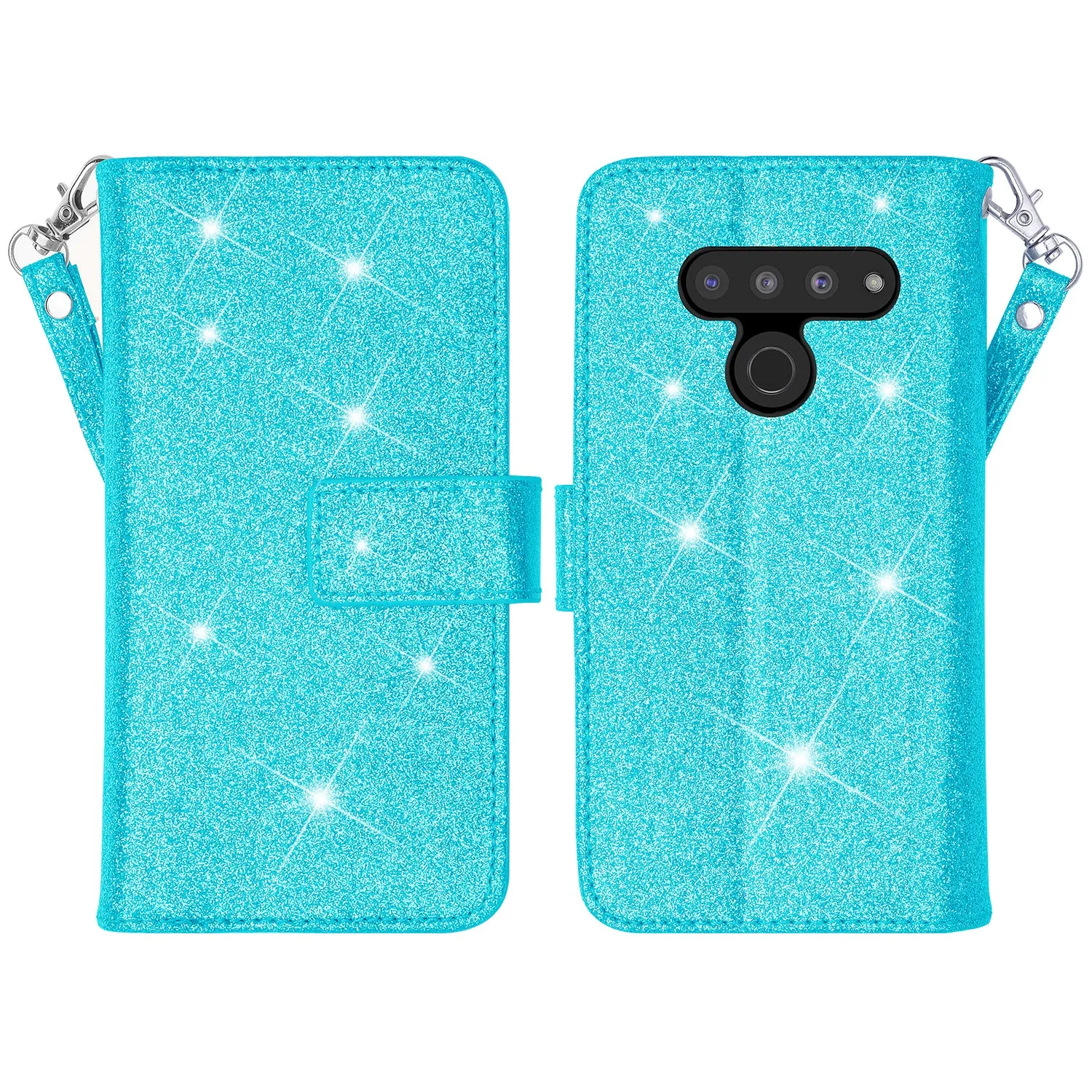 LG G8 ThinQ Case, LM-G820 Case, Glitter Faux Leather Flip Credit Card Holder Wrist Strap Shockproof Protective Wallet Case Clutch for LG G8 ThinQ - Teal