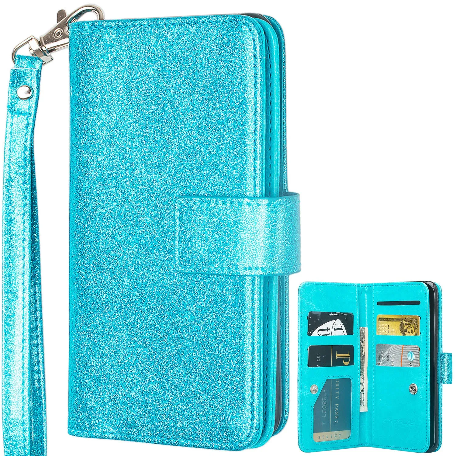 LG G8 ThinQ Case, LM-G820 Case, Glitter Faux Leather Flip Credit Card Holder Wrist Strap Shockproof Protective Wallet Case Clutch for LG G8 ThinQ - Teal