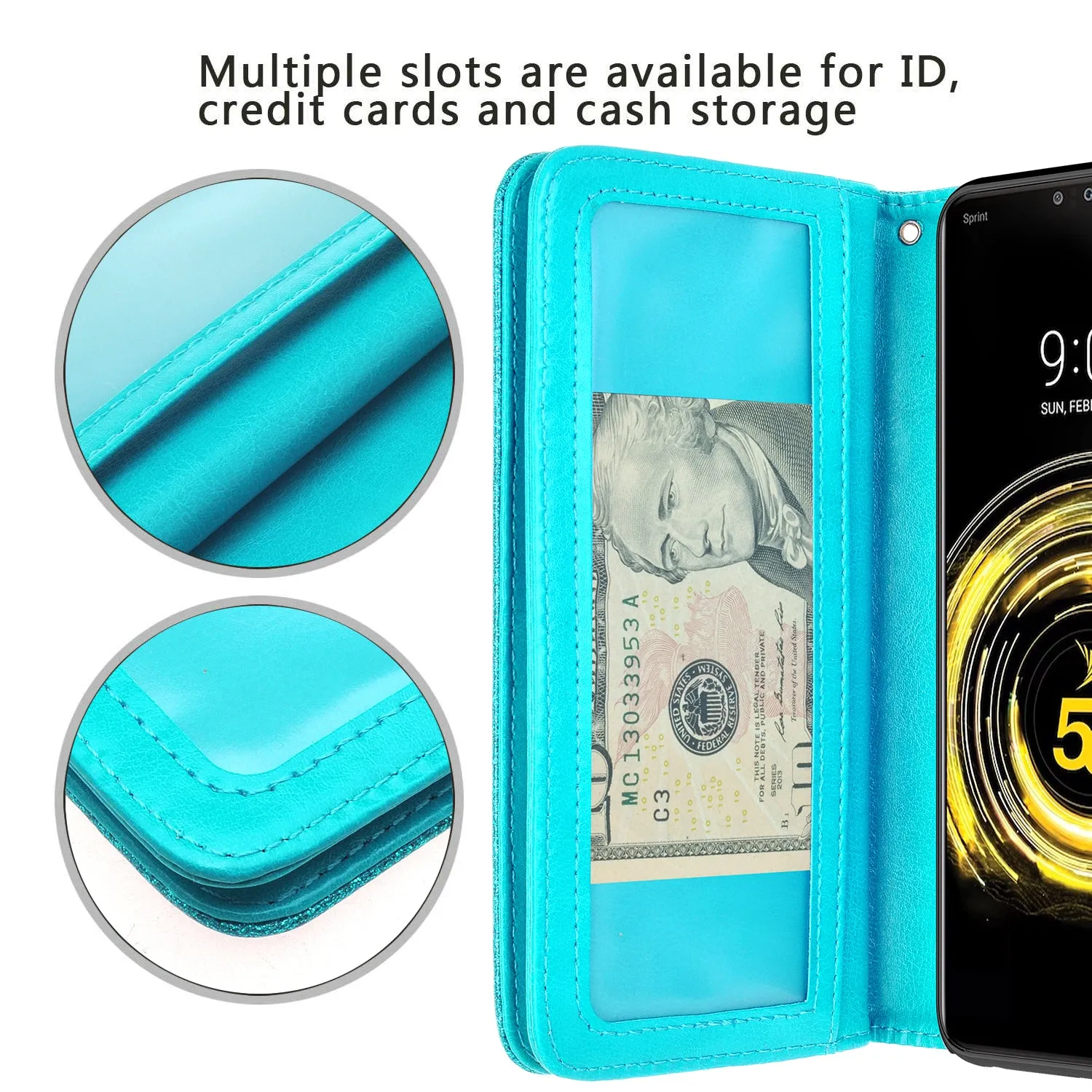 LG G8 ThinQ Case, LM-G820 Case, Glitter Faux Leather Flip Credit Card Holder Wrist Strap Shockproof Protective Wallet Case Clutch for LG G8 ThinQ - Teal