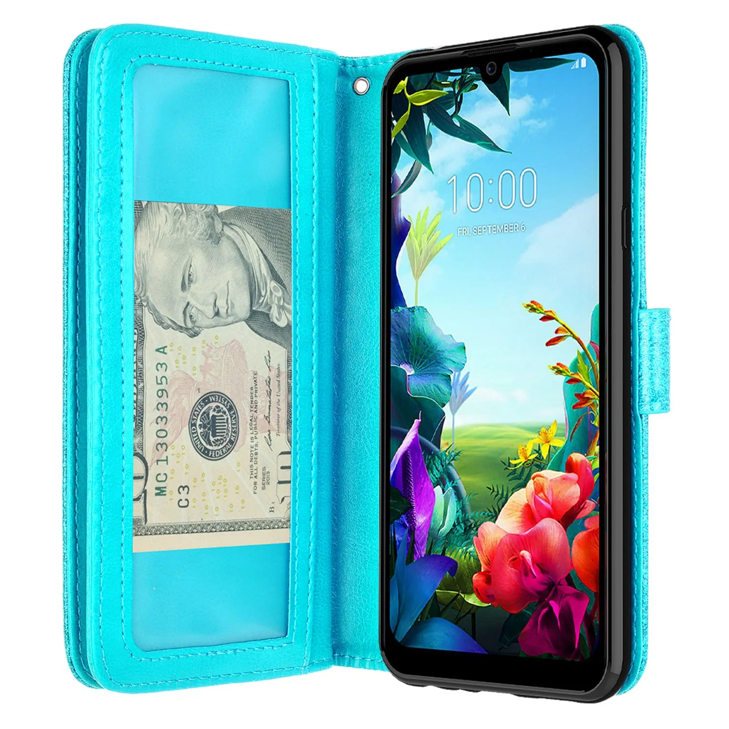 LG Harmony 4 Case, LG K40S Wallet Case, Glitter Faux Leather Flip Credit Card Holder Wrist Strap Shockproof Protective Wallet Case Clutch for Harmony 4 - Teal