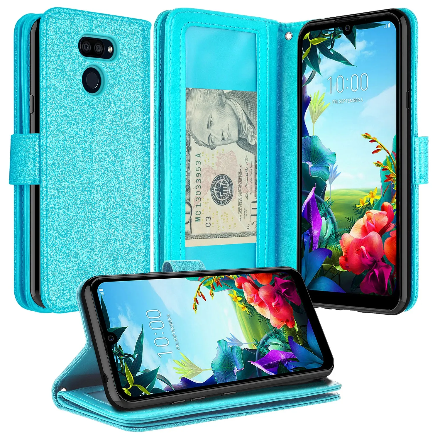 LG Harmony 4 Case, LG K40S Wallet Case, Glitter Faux Leather Flip Credit Card Holder Wrist Strap Shockproof Protective Wallet Case Clutch for Harmony 4 - Teal