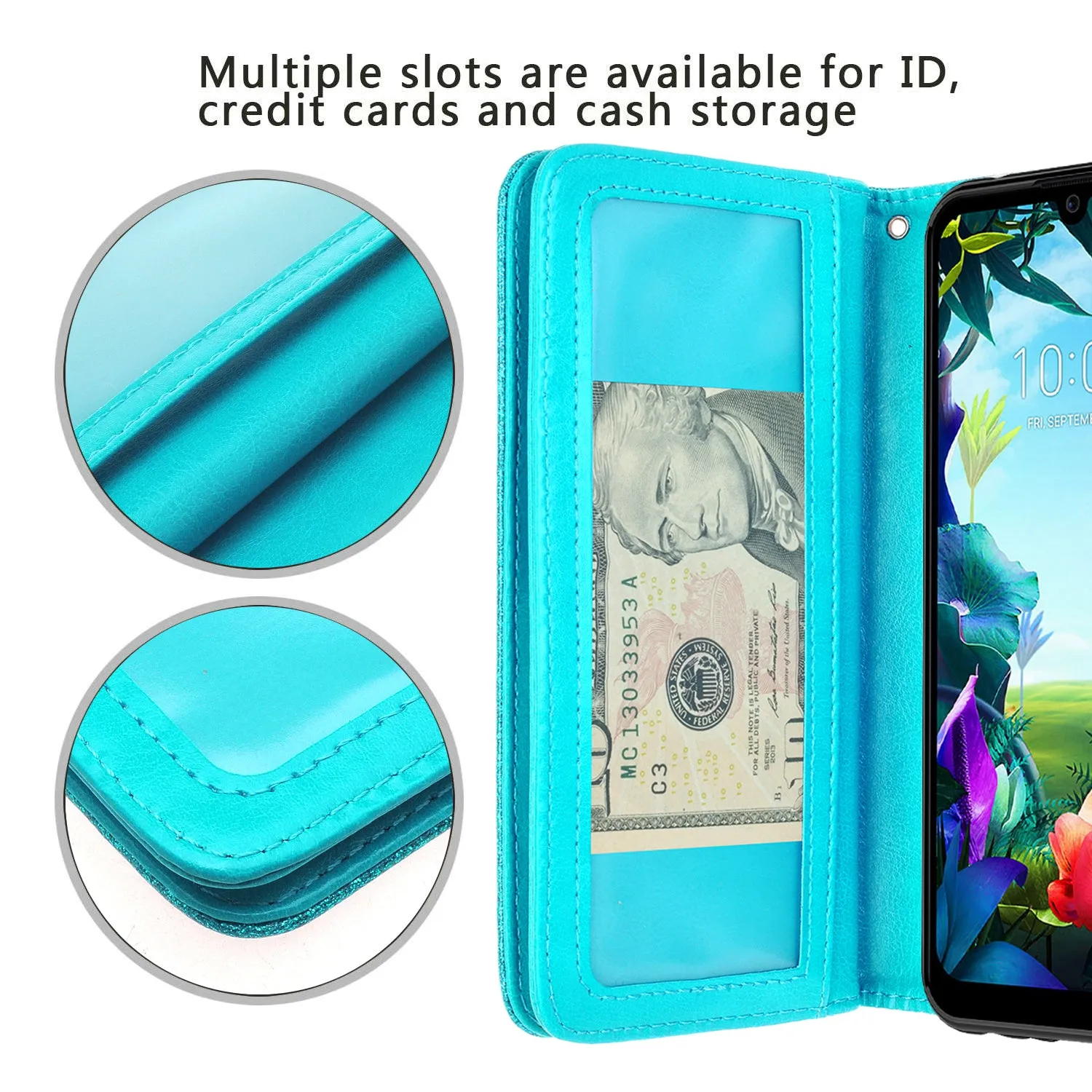 LG Harmony 4 Case, LG K40S Wallet Case, Glitter Faux Leather Flip Credit Card Holder Wrist Strap Shockproof Protective Wallet Case Clutch for Harmony 4 - Teal